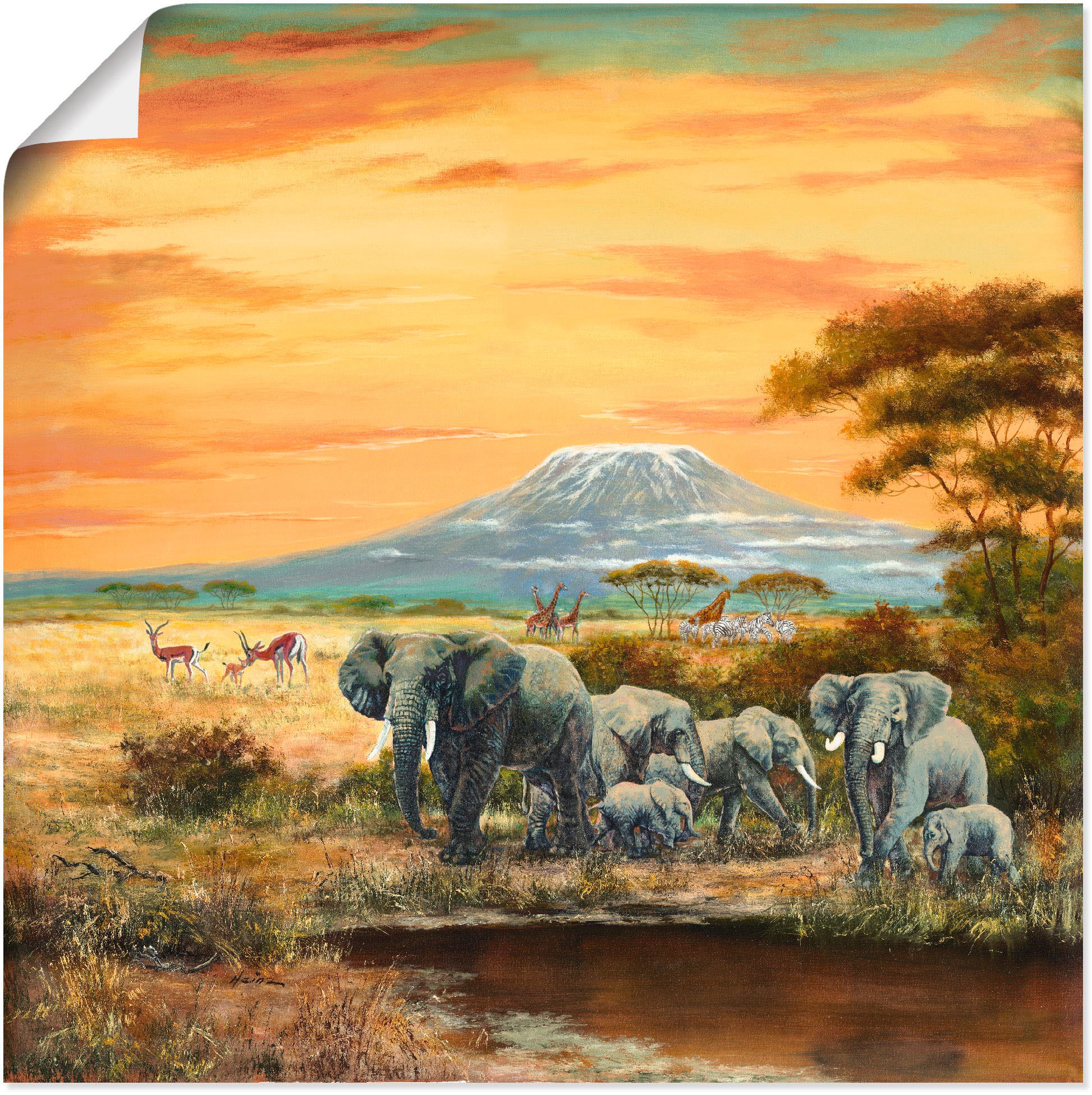 Artland Wandbild »Afrikalandschaft mit Elefanten«, Wildtiere, (1 St.), als Leinwandbild, Poster in verschied. Größen