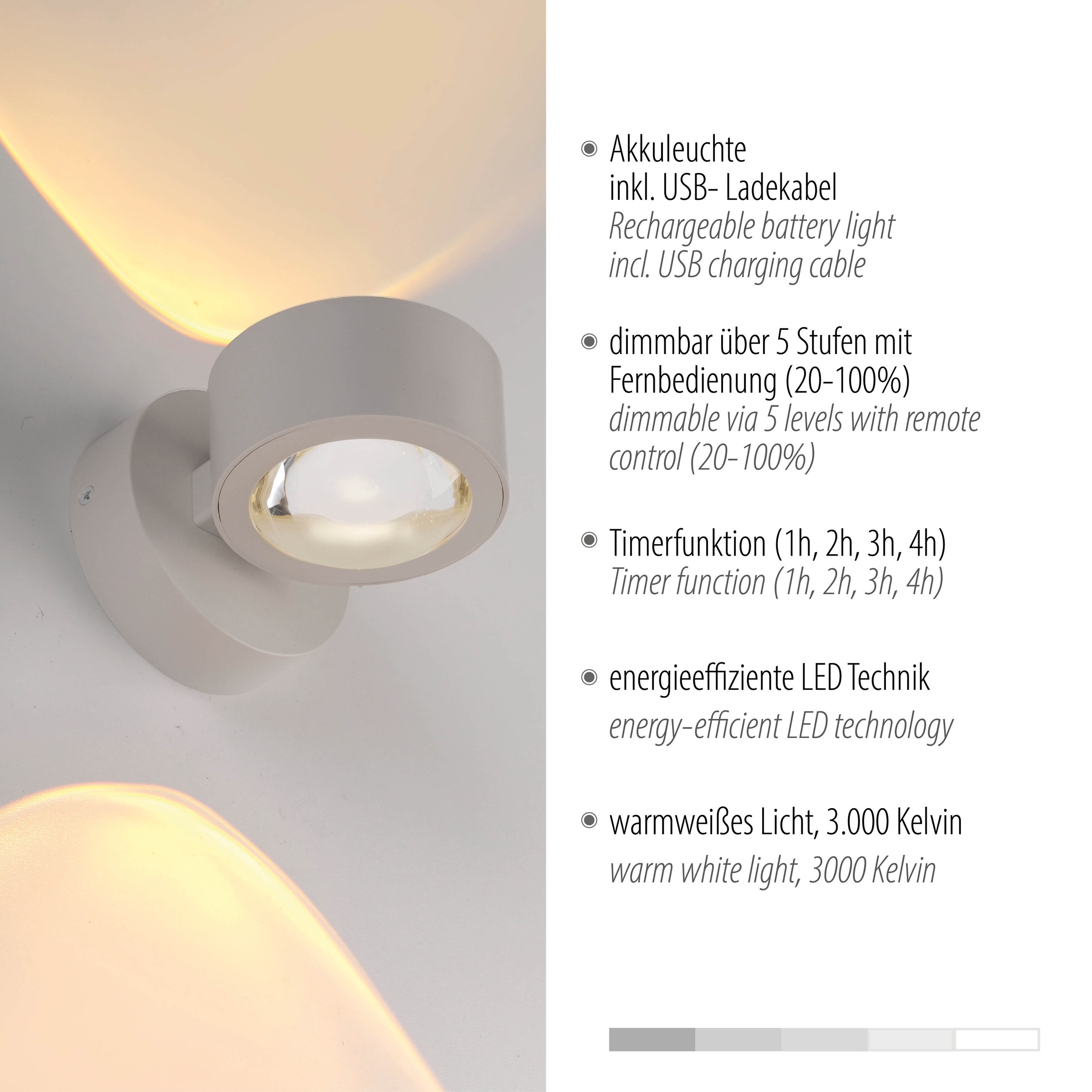 JUST LIGHT LED Wandleuchte »AKKU-CHIA« LED-Board 1 Stk. Warmweiß Akkubetrieben inkl. USB-Ladekabel, 5 Stufen Dimmung + Timerfunktion