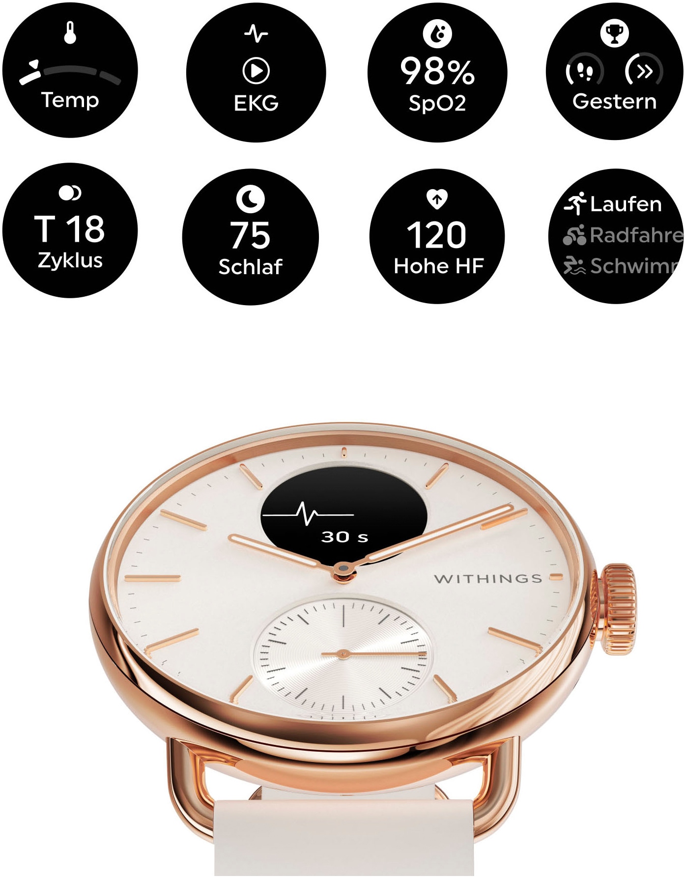 Withings Smartwatch »ScanWatch 2 38mm, hybrid, Akku bis 30 Tage, 50 M Wasserdicht«, HealthSense OS, Aktivitätstracking, Schlafüberwachung, Herzgesundheit, Temperatur uvm.