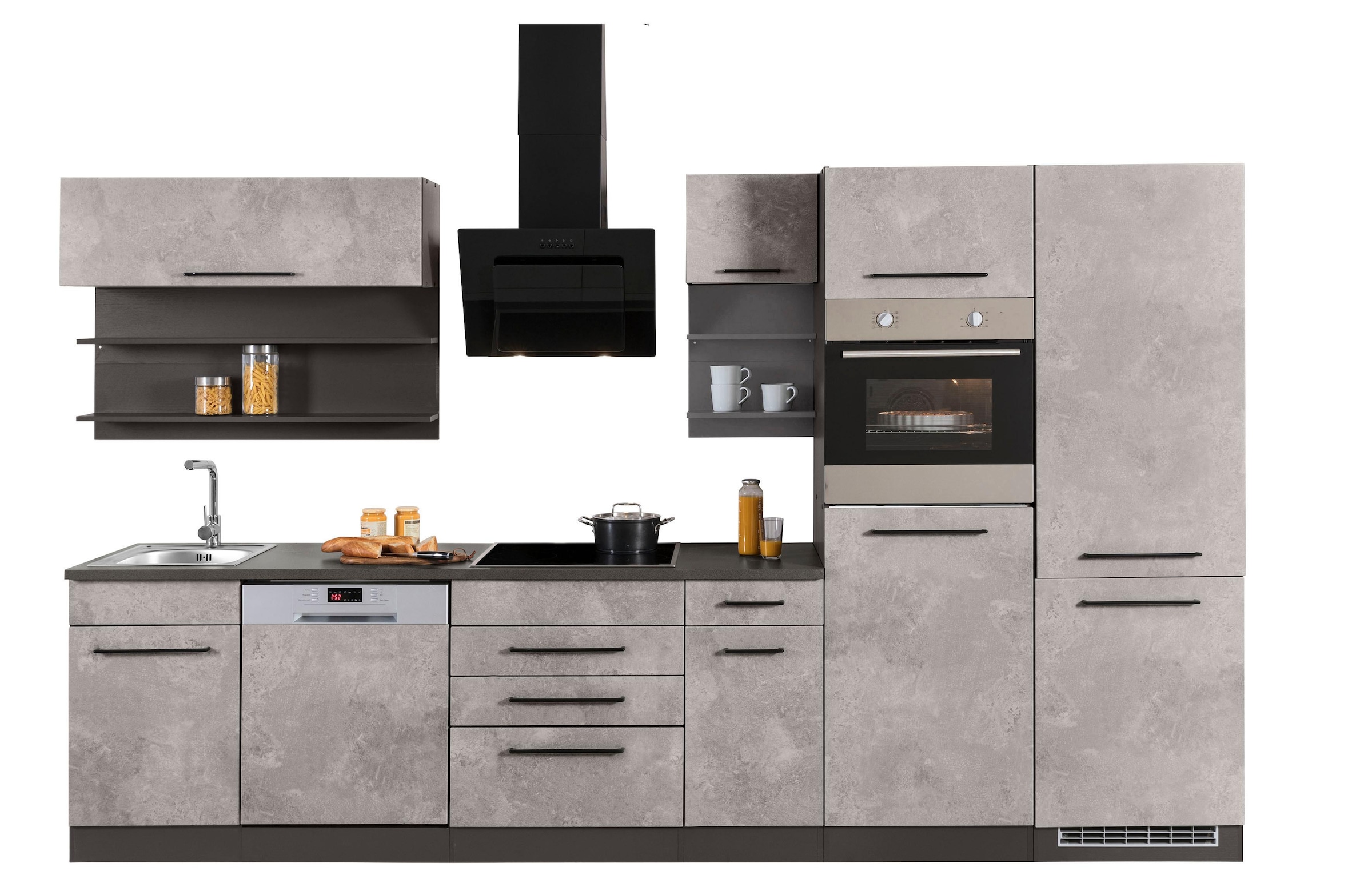 KOCHSTATION Küchenzeile »KS-Tulsa«, ohne E-Geräte, Breite 330 cm, schwarze Metallgriffe, MDF Fronten