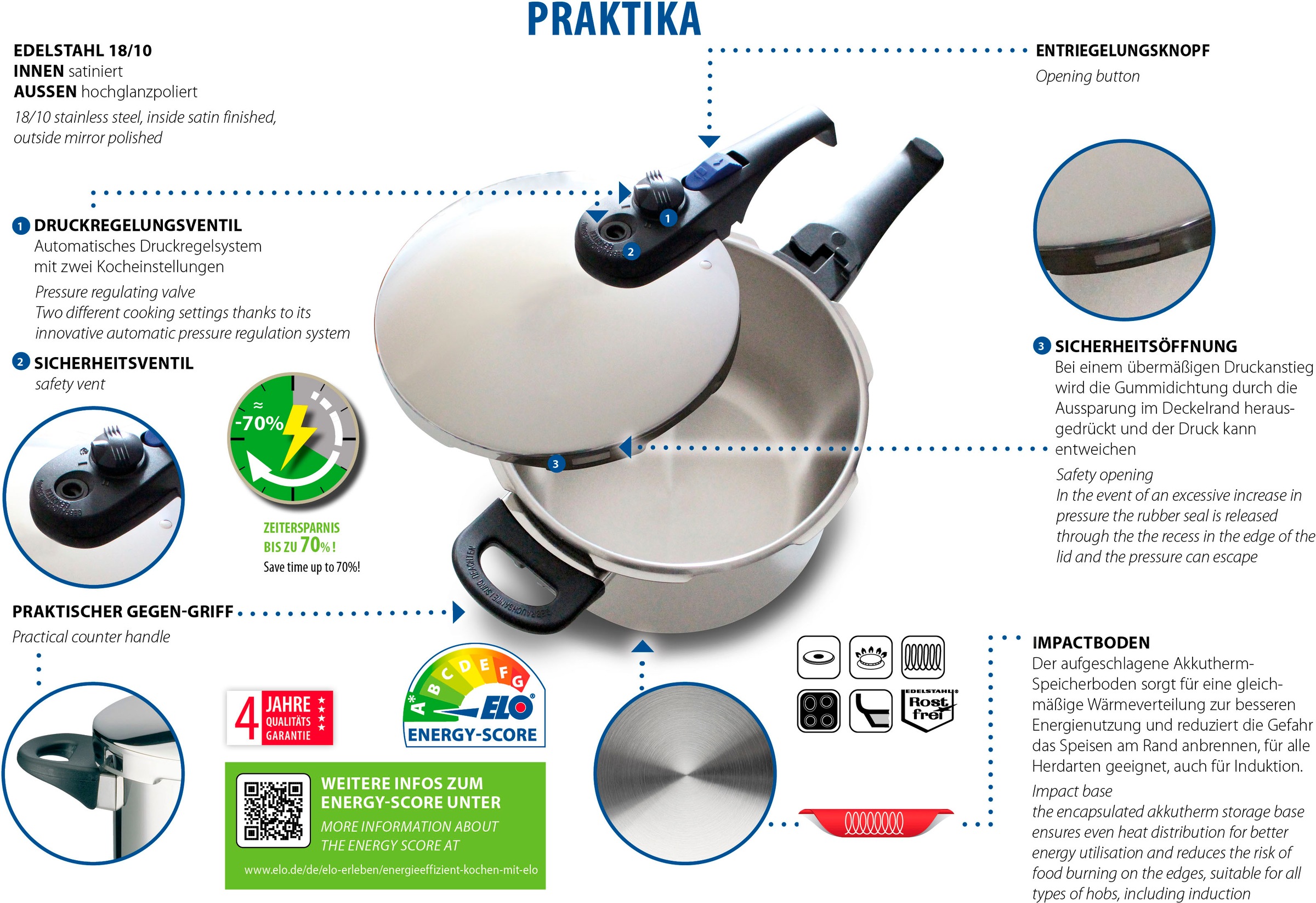 Elo Schnellkochtopf »Praktika Plus« Edelstahl 18/8 1 Stk. tlg. Überdrucksic günstig online kaufen