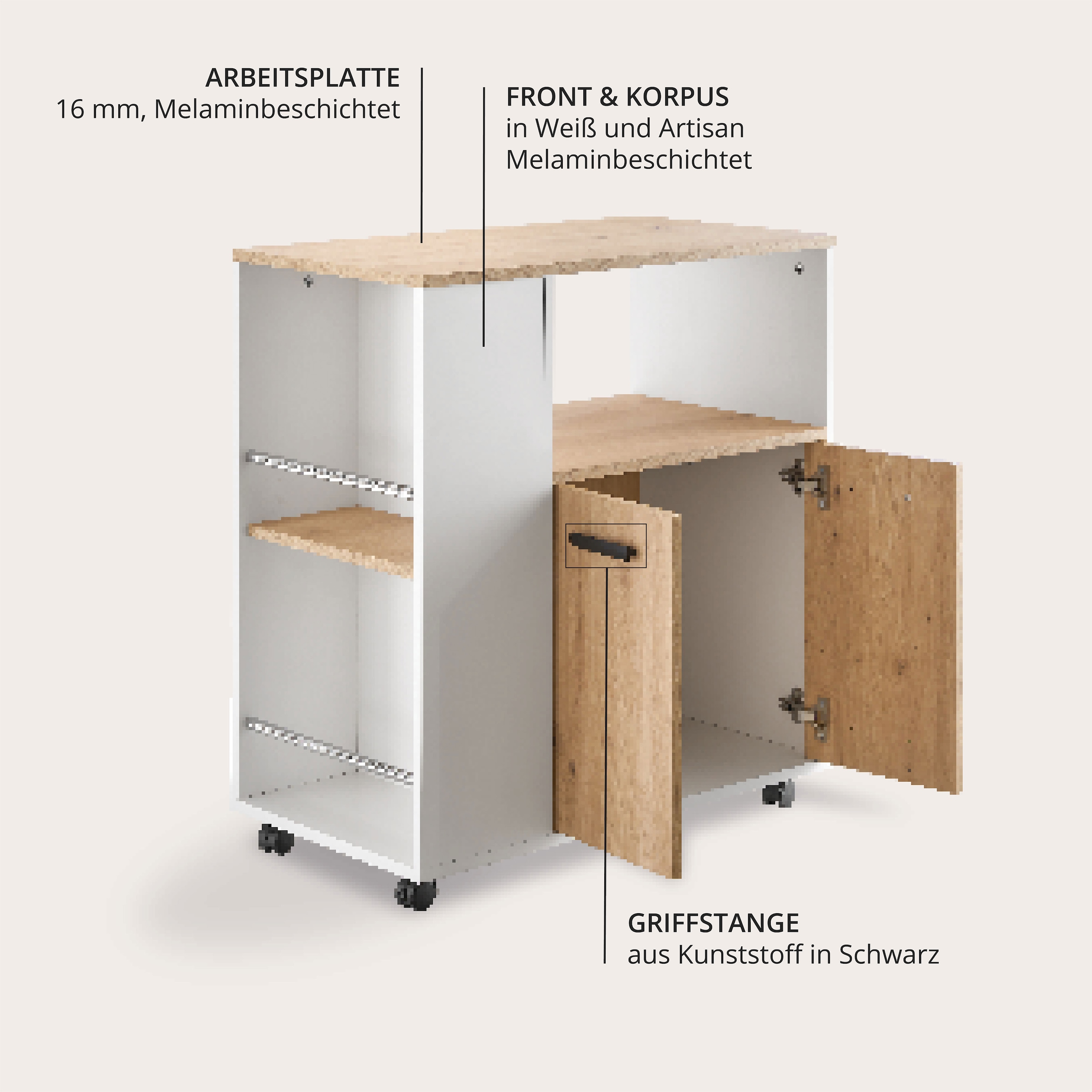 BASIC by Balculina Küchenwagen »Bartender,Rollwagen,Küchenwagen,Servierwagen« 1 Stk. tlg. Breite 75 cm, auf 4 Rollen, diverse Ablagen