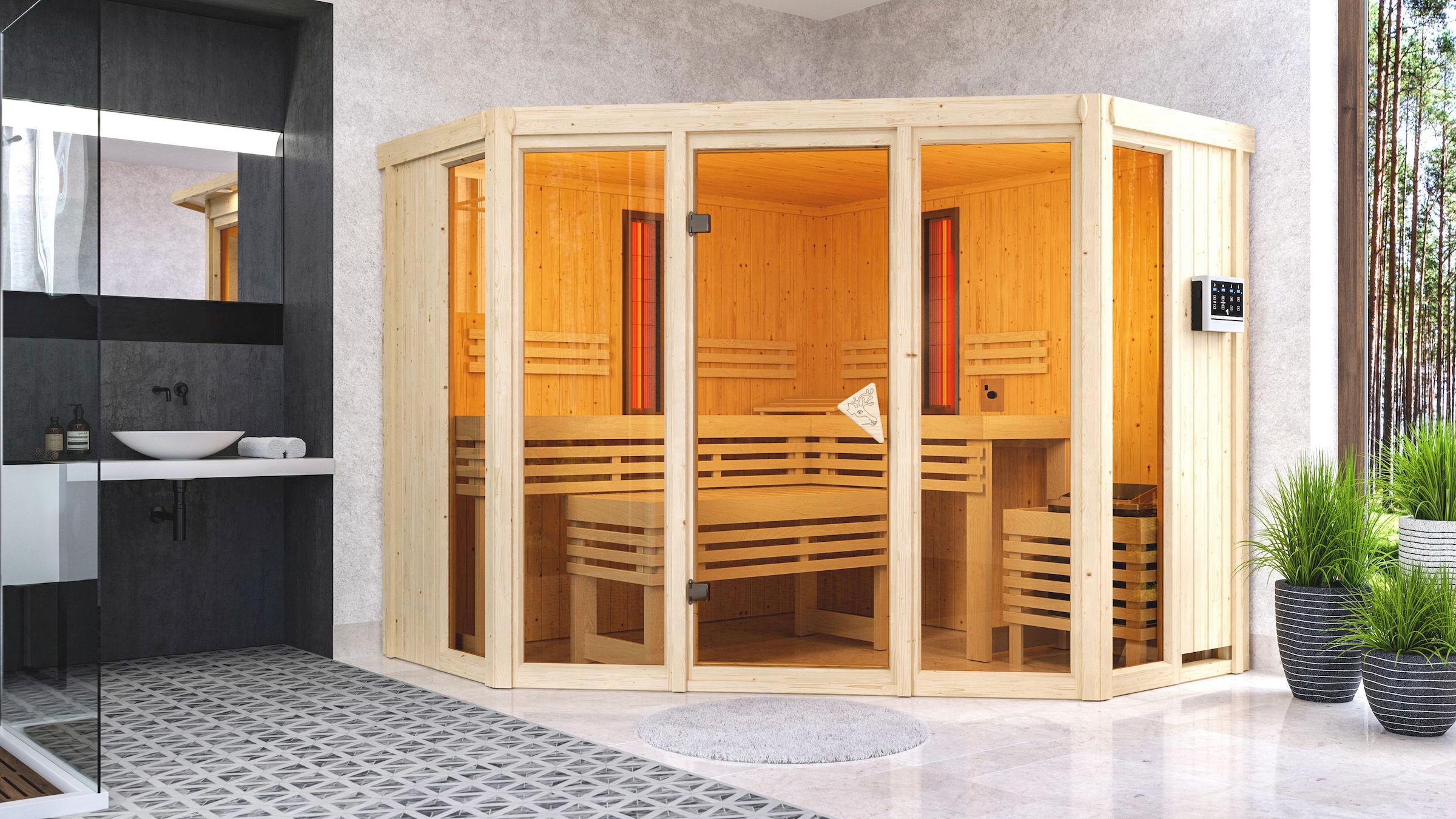 Karibu Sauna »Adele« Set,  9-kW-Bio-Ofen mit ext. Steuerung, 2 Infrarot-Vitalight-Strahlern