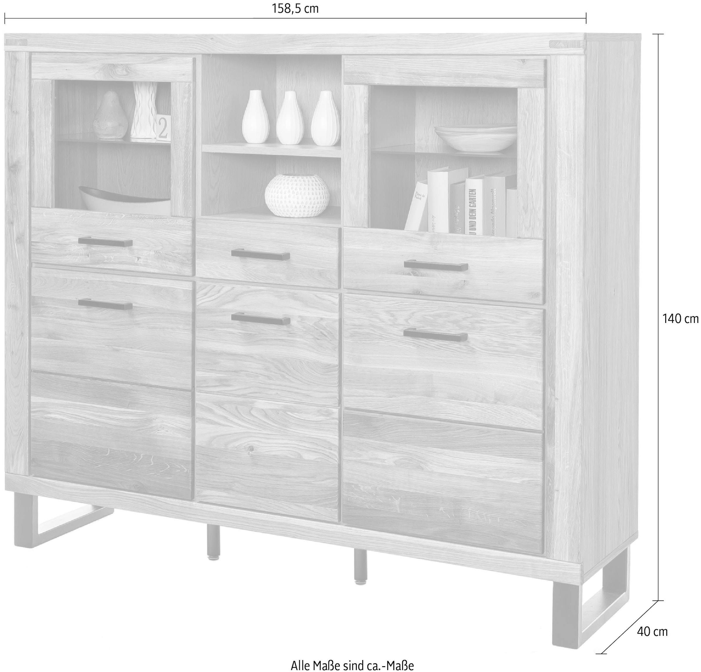 Home affaire Highboard 1 Stk. tlg. Industriestil, Teilmassiv Eiche, schwarze Elemente, Modern