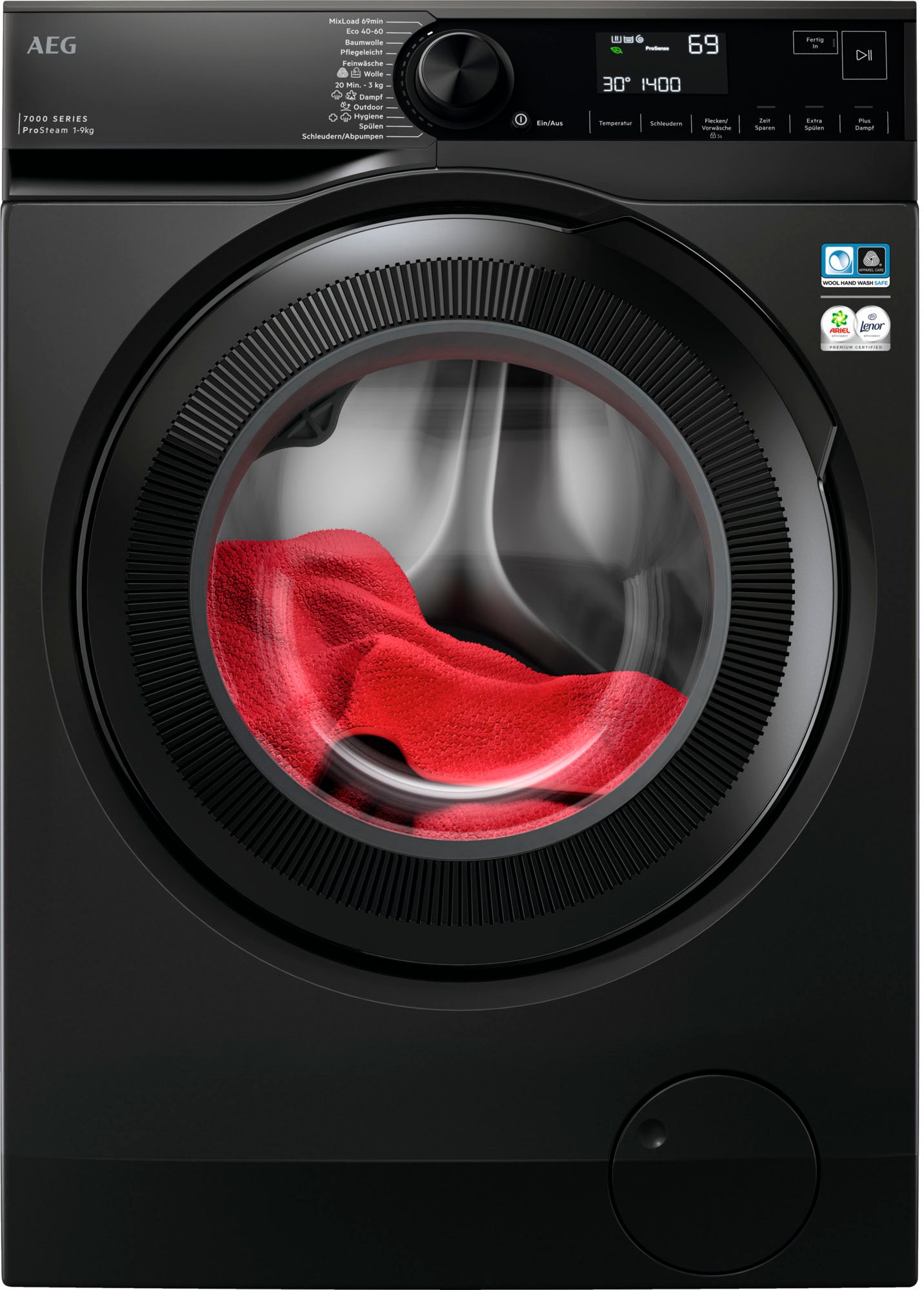 AEG Waschmaschine 7000 »LR7FS75490« 9 kg 1400 U/min ProSteam : Auffrischen mit Dampf statt Waschen und 96 % Wasser sparen schwarz ÖKO-Schontrommel...