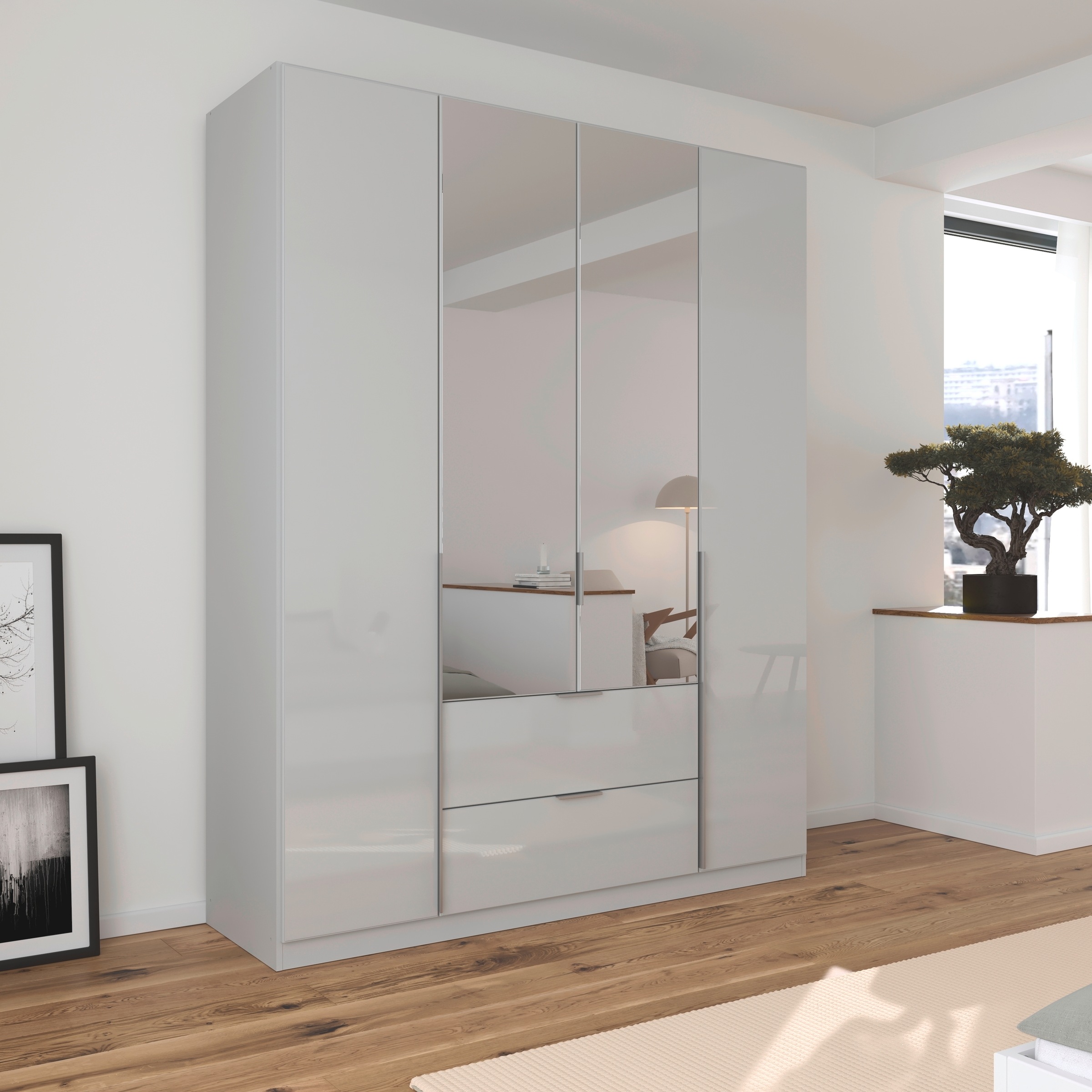 rauch Drehtürenschrank »Kleiderschrank Kleiderschränke Schrank Garderobe AGORDO mit Glasfront«, (in zwei Griff-Farben mit Glasfront), mit Außenschubkästen, in 6 Breiten und 2 Höhen MADE IN GERMANY