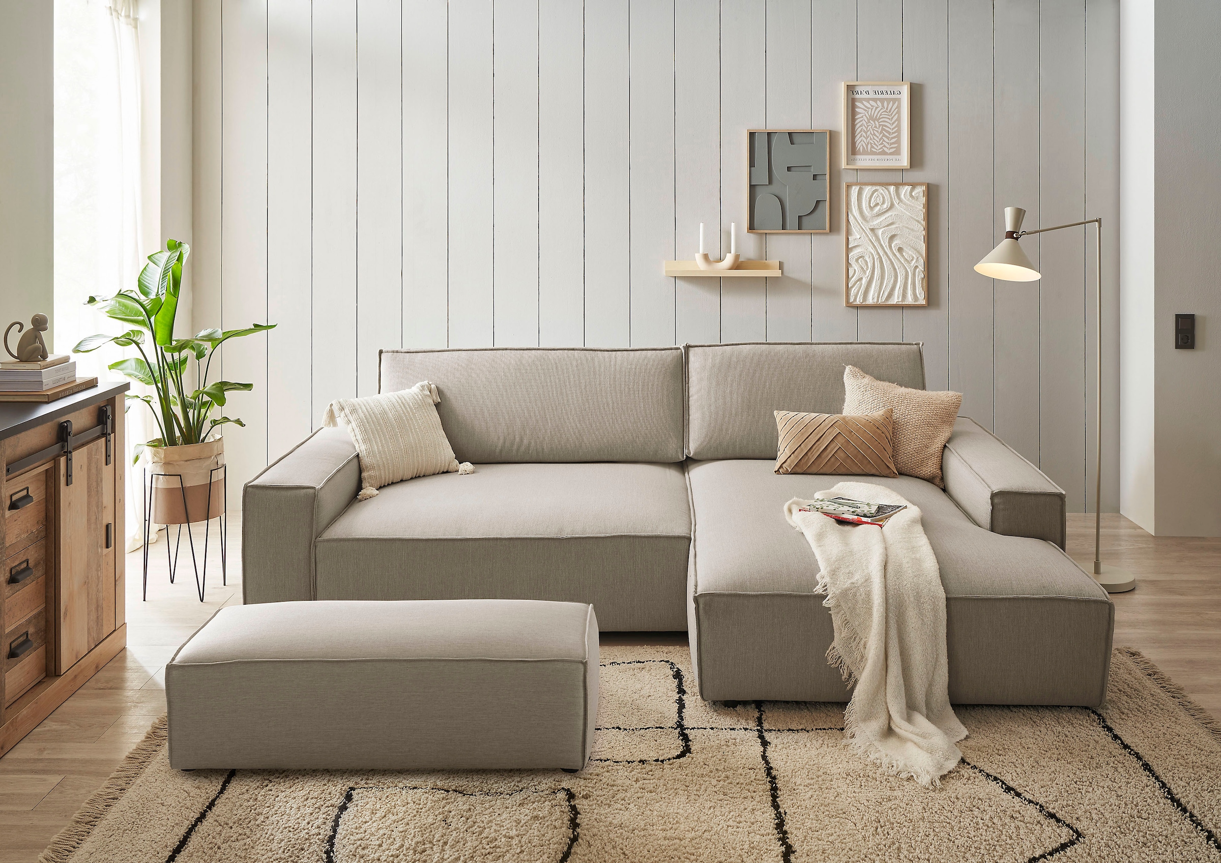 Home affaire Polsterecke »NEU: SHERWOOD XXL tief, L-Form mit Schlaffunktion, Big-Sofa mit Hocker« stellbar zum Schlafsofa (Krokodilverbinder), Cord, Leinenoptik,