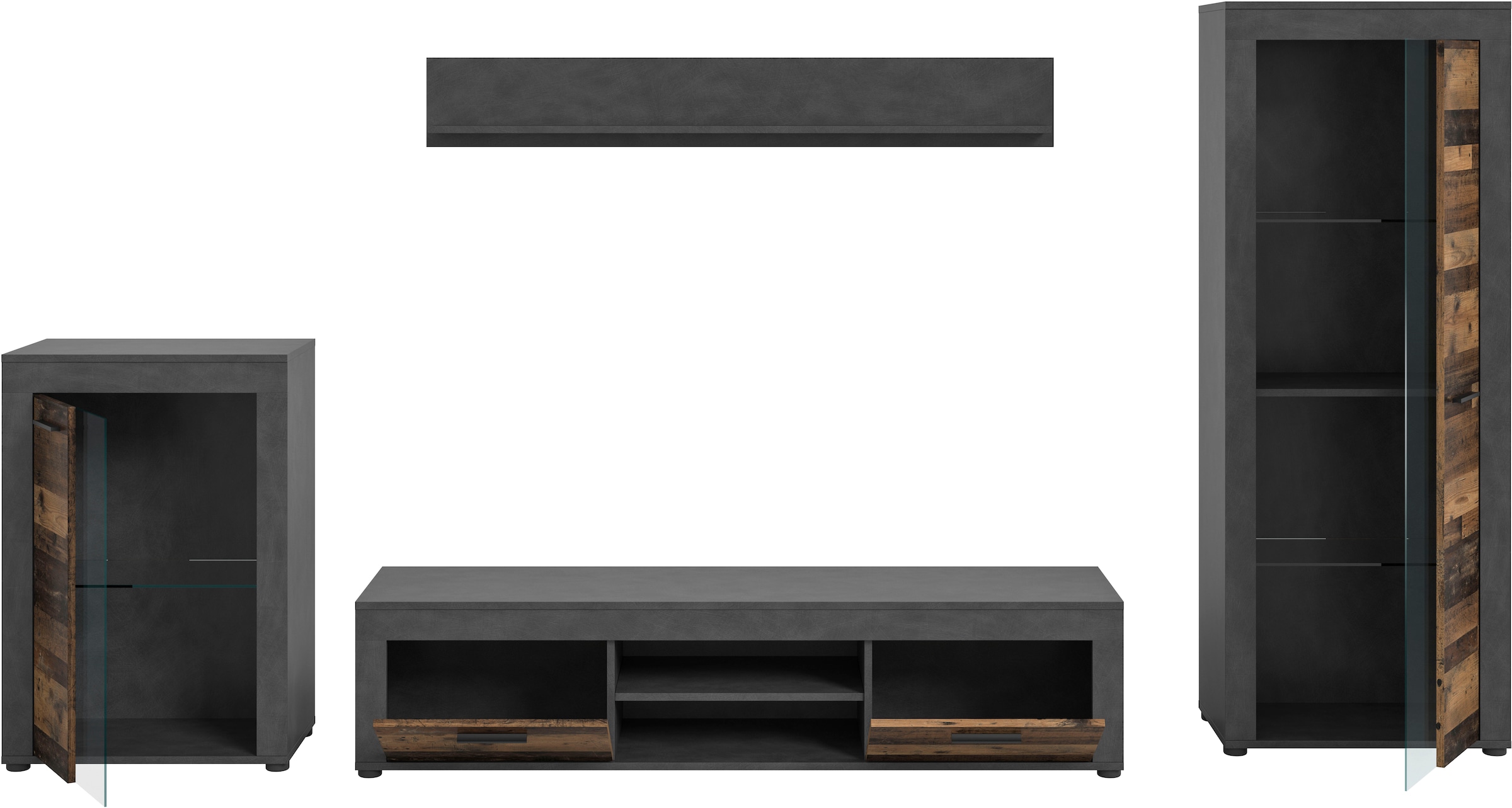 INOSIGN Wohnwand »Aosta, 4-tlg., best. aus: Vitrine, Lowboard, Wandboard & Vitrine hoch«, (4 St.), Wohnwand, Kombination, Anbauwand, Möbel Set, Schrankwand, Möbel Kombi