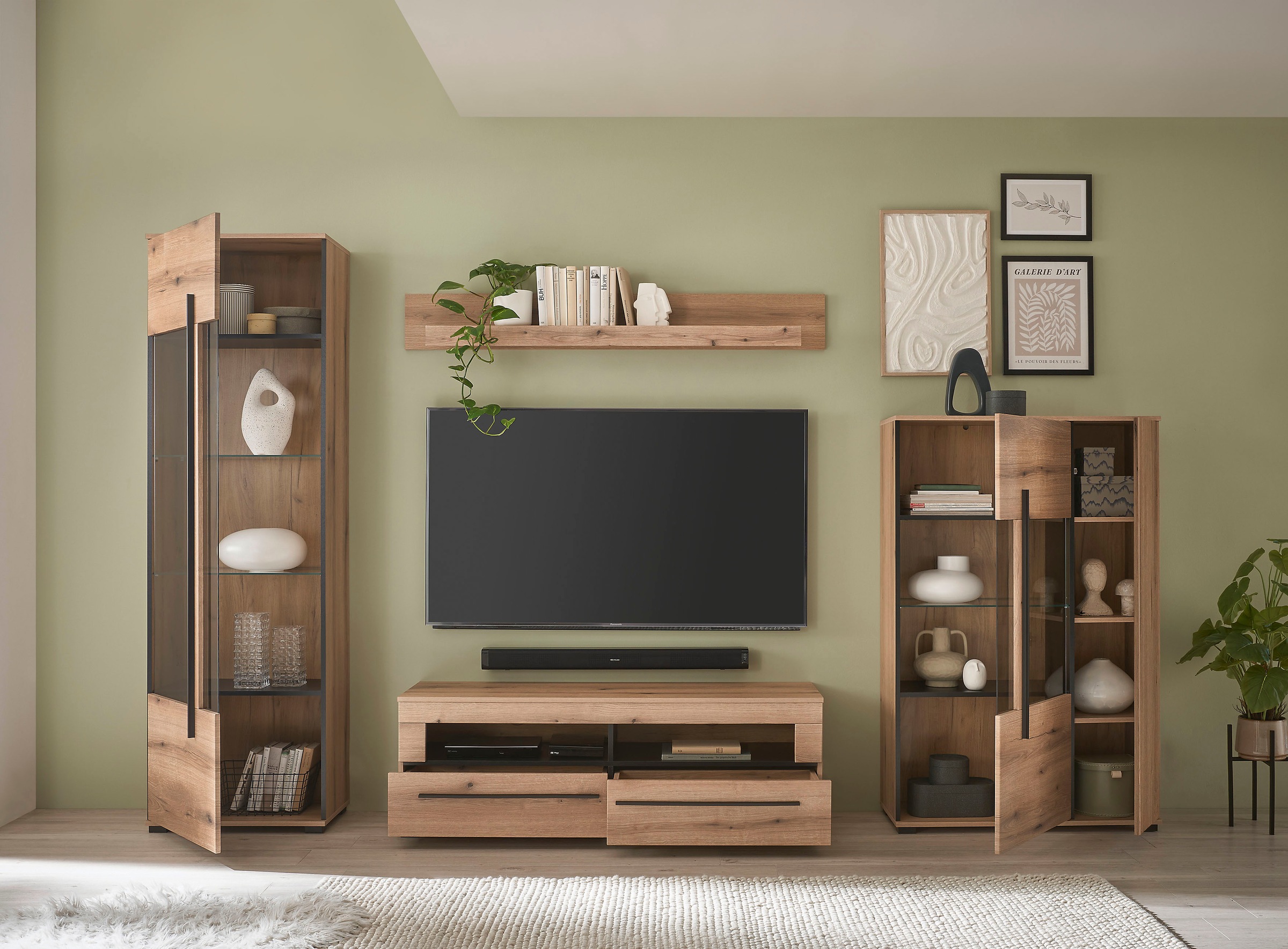INOSIGN Wohnwand »Cantara, moderne Anbauwand, Wohnzimmer-Set, in Eiche Evoke oder Weiß«, (Set), enthält zwei Vitrinen, ein Lowboard und ein Wandboard