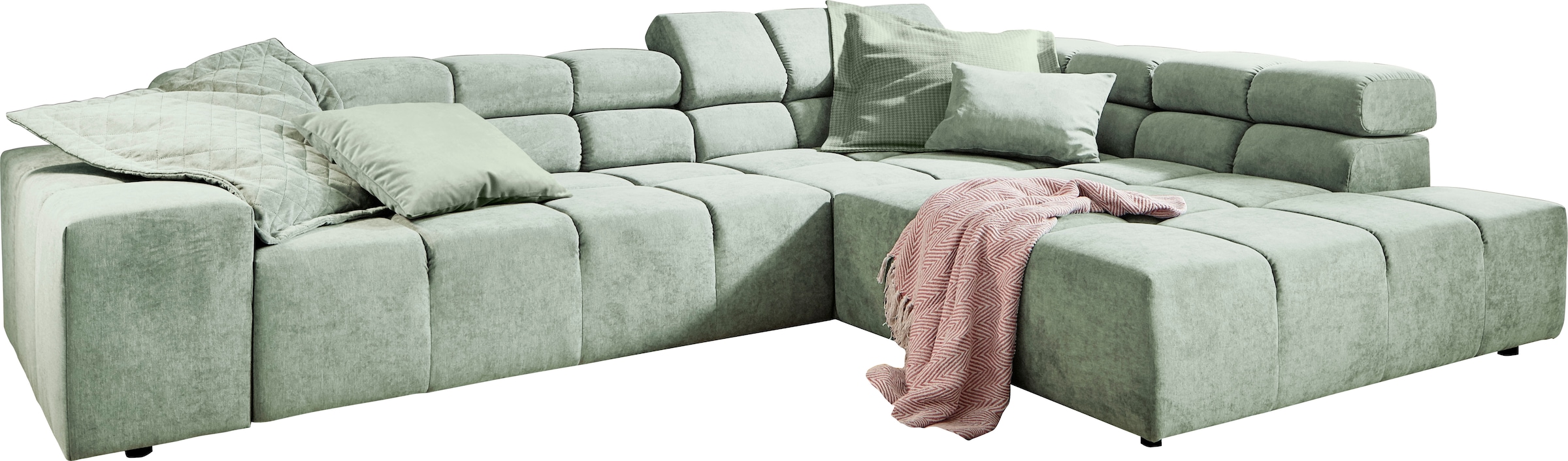 INOSIGN Ecksofa »Ancona incl. Kopfteilverstellung, Zierkissen Breite 319cm, L-Form«, wahlweise motorische Sitztiefenverstellung, auch in Cord + Easy Care