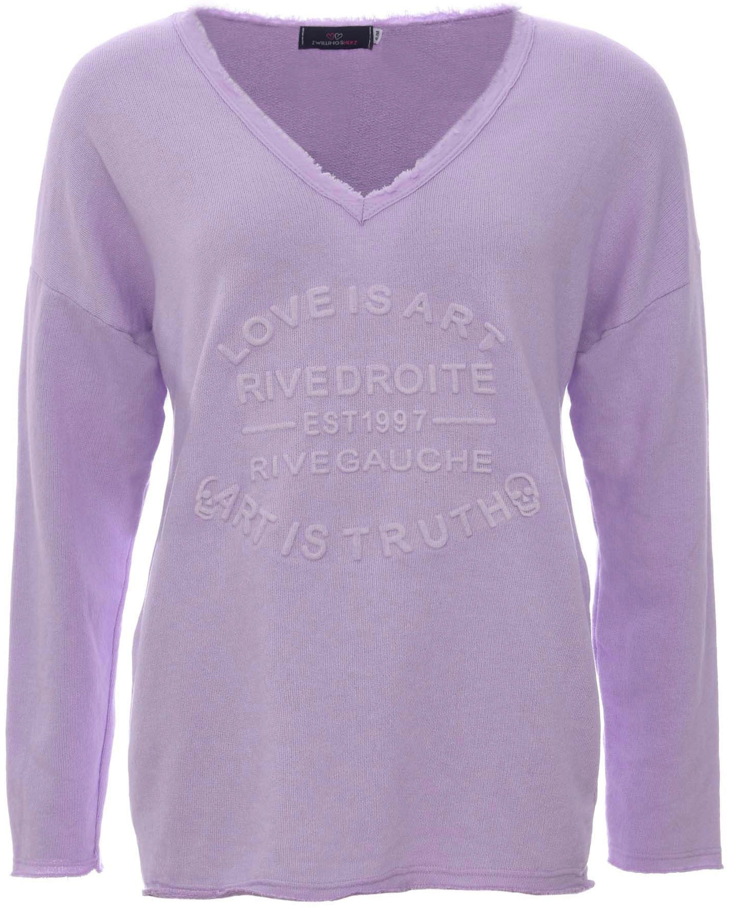 Zwillingsherz Sweatshirt, ausgefranster V-Ausschnitt, Vintage Look, Langarm