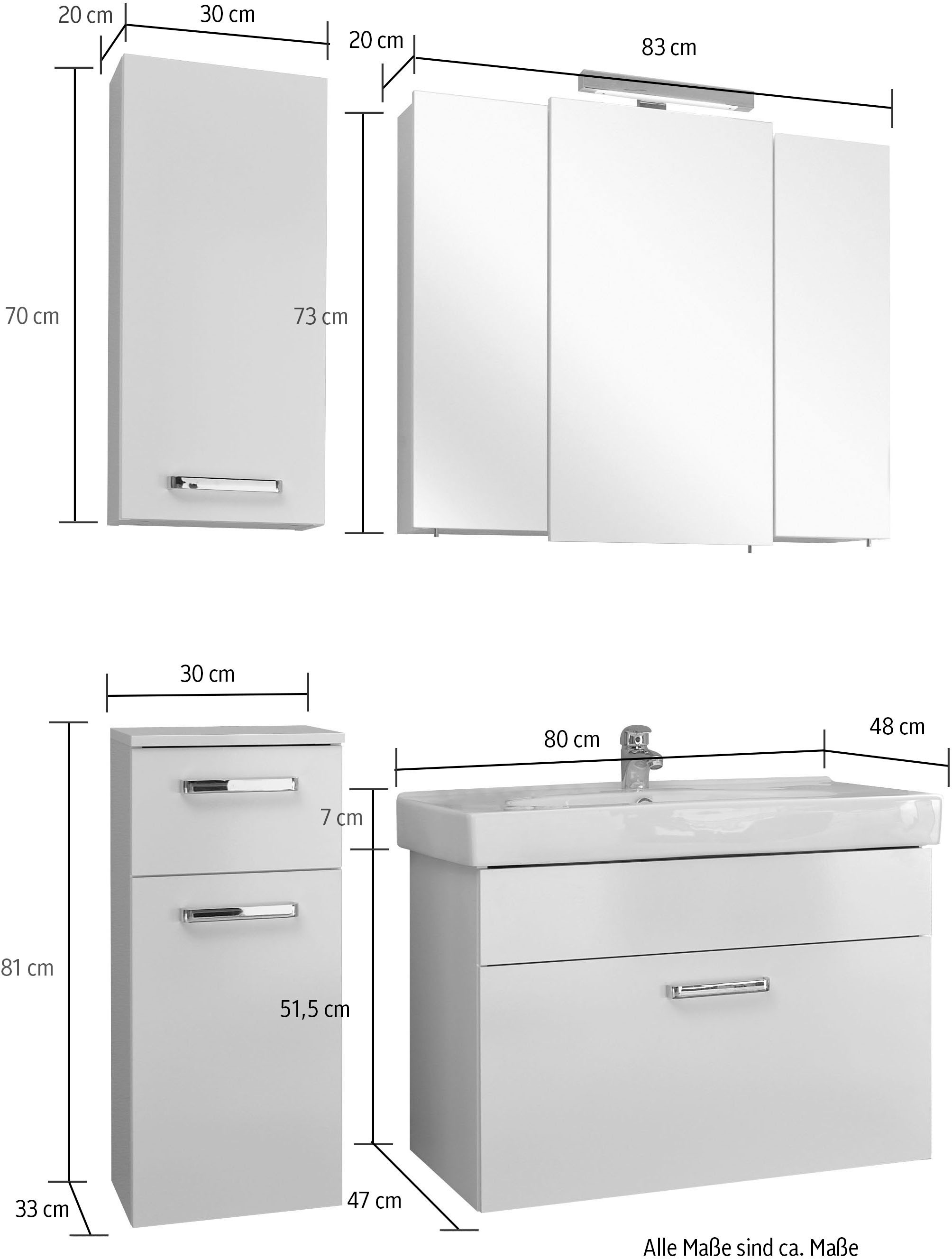 Saphir Badmöbel-Set »Quickset 4-teilig, Keramik-Waschtisch mit LED-Spiegelschrank«, (5 St.), Unterschrank, Hängeschrank, inkl. Türdämpfer, Griffe Chrom Glanz