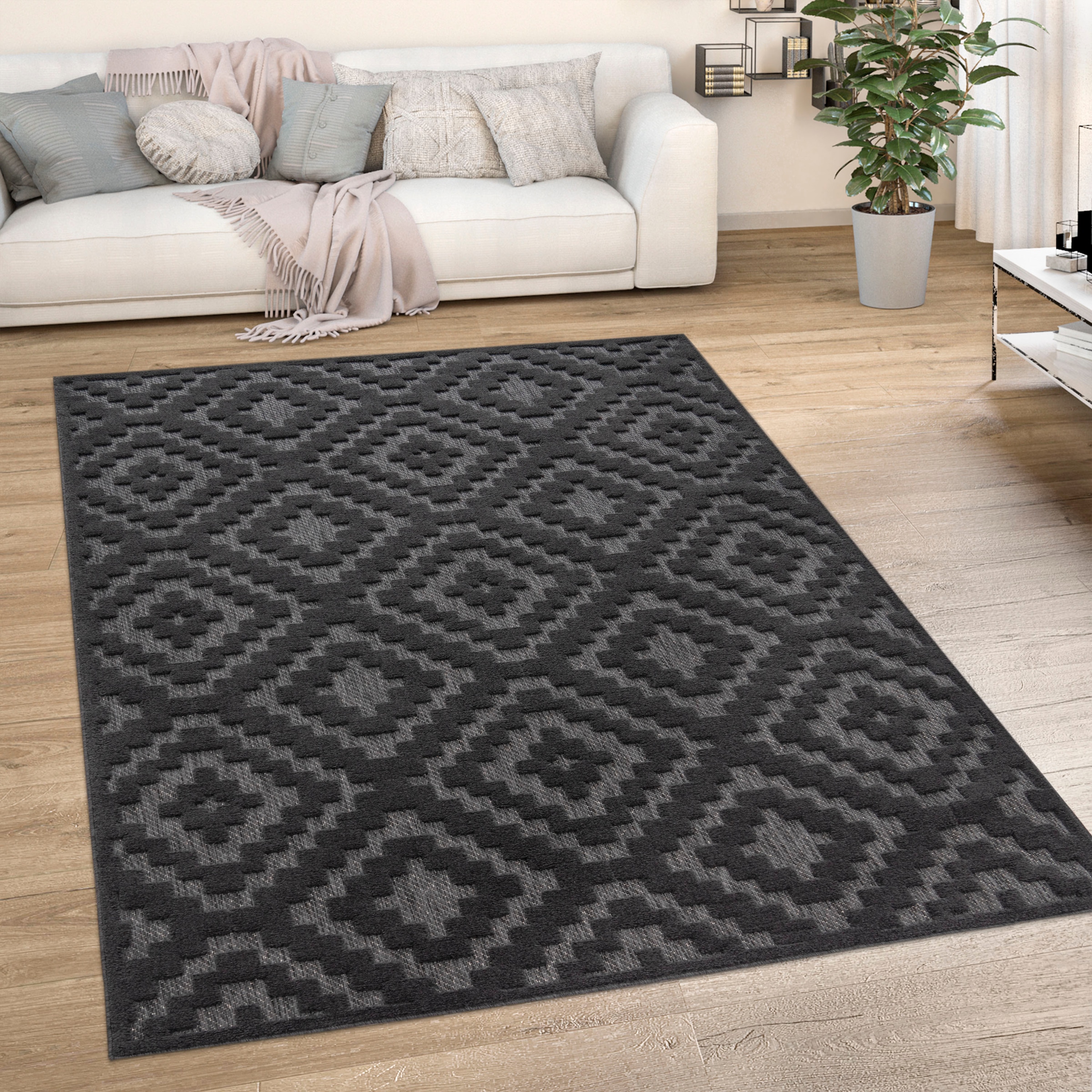 Paco Home Teppich »Livorno 672«, rechteckig, 14 mm Höhe, Uni-Farben, Scandi, Rauten Muster, Hoch-Tief Effekt, Outdoor geeignet