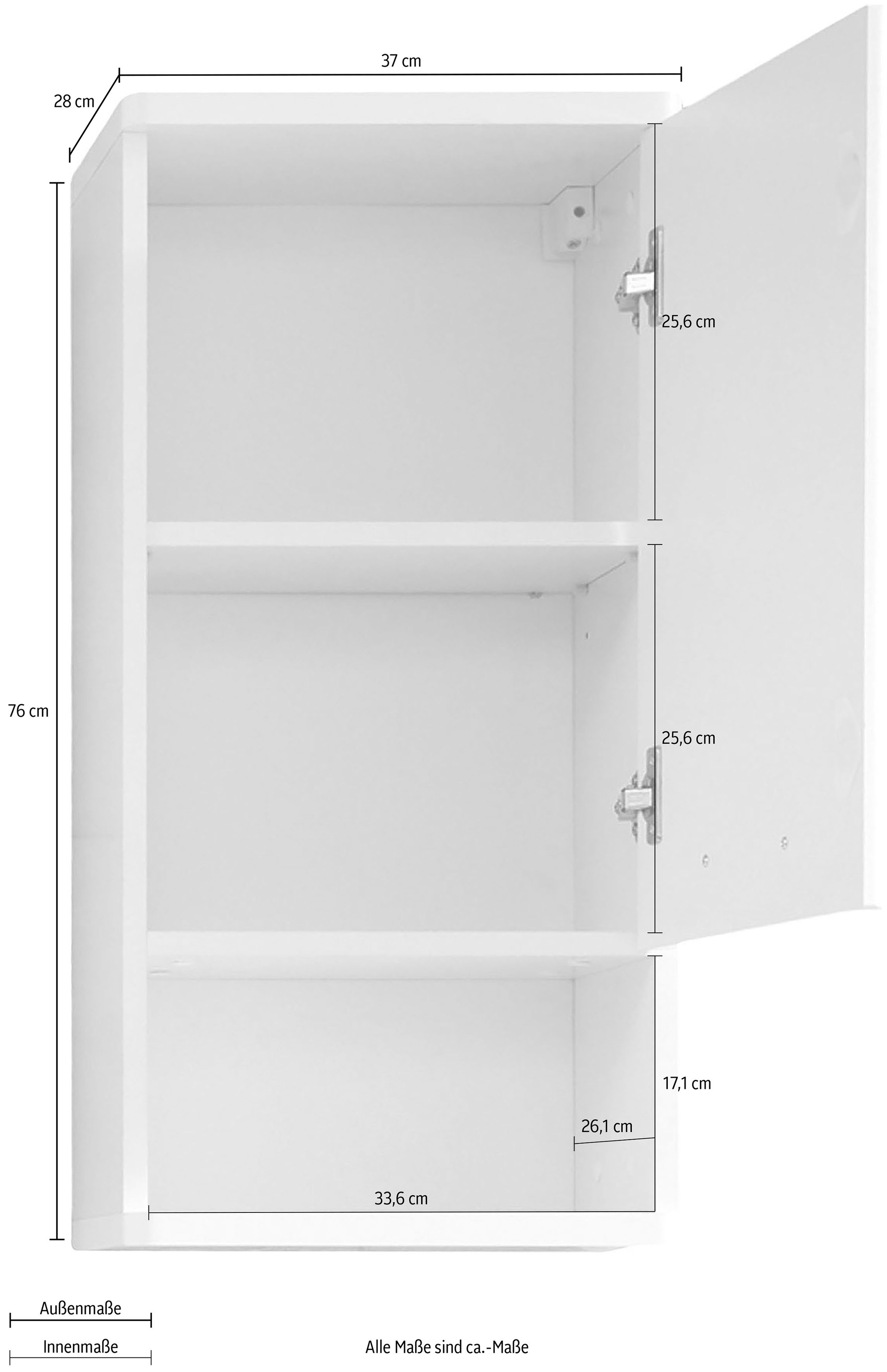 welltime Hängeschrank »Mora«, Badschrank in Weiß Hochglanz mit Ablagefach - Maße (B/T/H) 37/28/76 cm