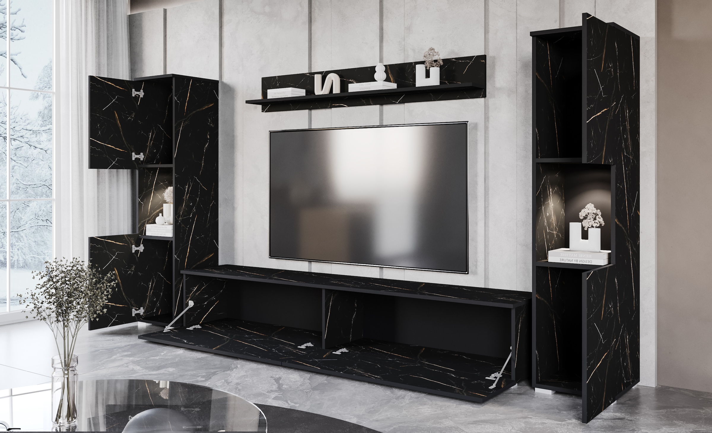 INOSIGN Wohnwand »PARIS, Vitrine Türanschlag links/rechts wechselbar«, (Komplett-Set, 4 St.), grifflose Design, stehend und hängend montierbar