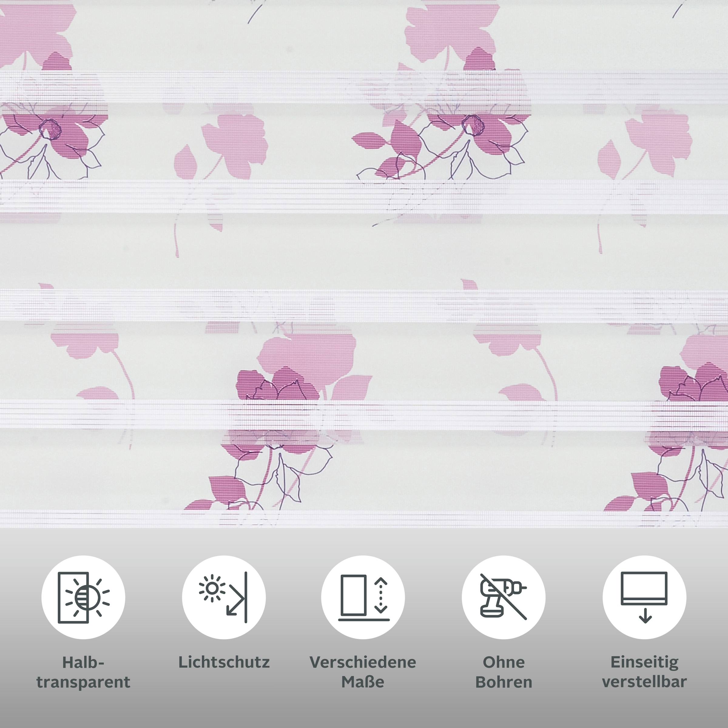 my home Doppelrollo »Damar«, Lichtschutz, Sichtschutz-Verdunkelung, ohne Bohren, freihängend, Klemmfix, im Fixmaß, Blumen, florales Muster, Klemmträger