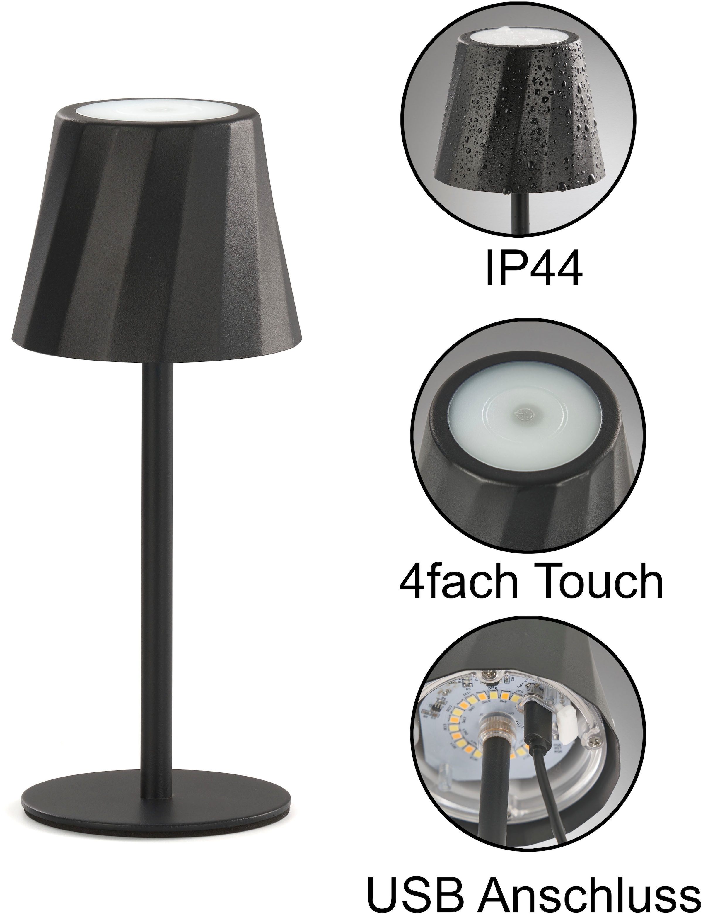 REALITY Leuchten LED Tischleuchte »DIAZ, Outdoor Akku Tischlampe Höhe 21 cm Ø 8,5 cm, IP44, Touchdimmer« LED-Board 1 Stk. Farbwechsler | warmweiß - kaltweiß CCT Lichtfarbe einstellbar 2700-6500K, 160 Lumen, 1,6W, USB Anschluss