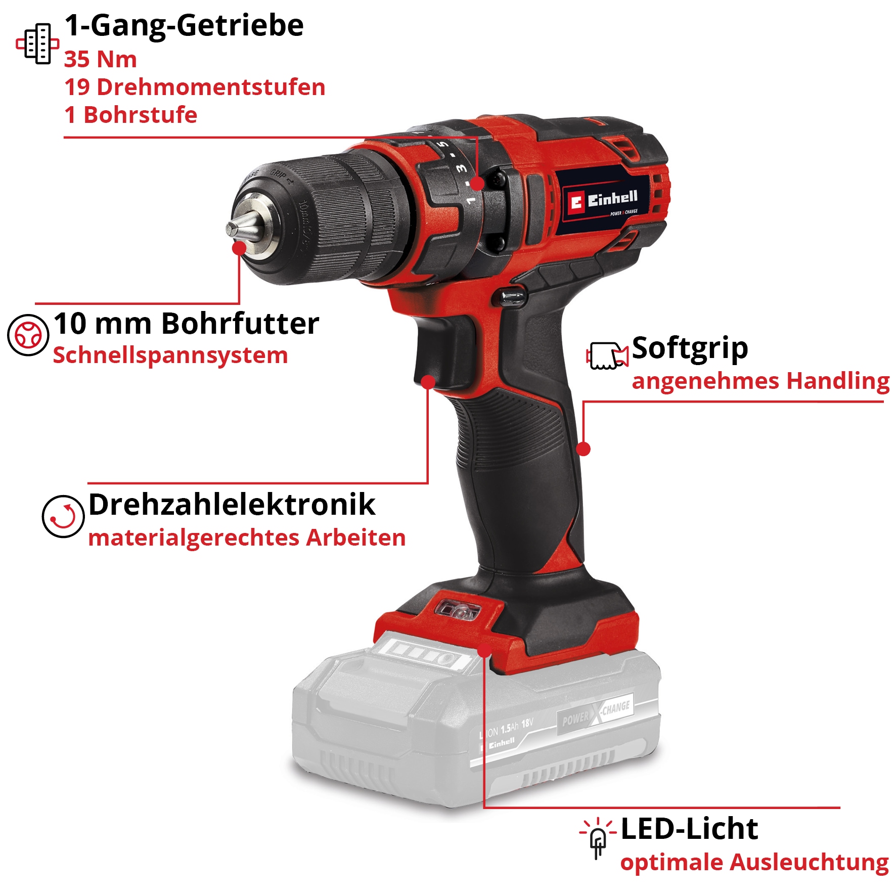Einhell Akku-Bohrschrauber »TC-CD 18/35 Li - Solo«, Power X-Change, ohne Akku und Ladegerät