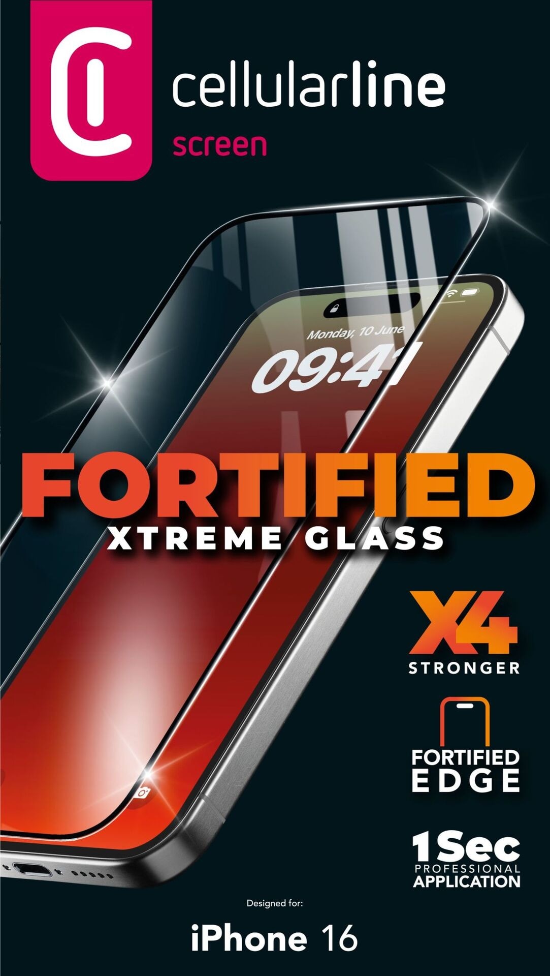 Cellularline Displayschutzglas »FORTIFIED XTREME GLASS«, für Apple iPhone 16, Displayschutzfolie, Schutzfolie, Bildschirmschutz, kratz- & stoßfest
