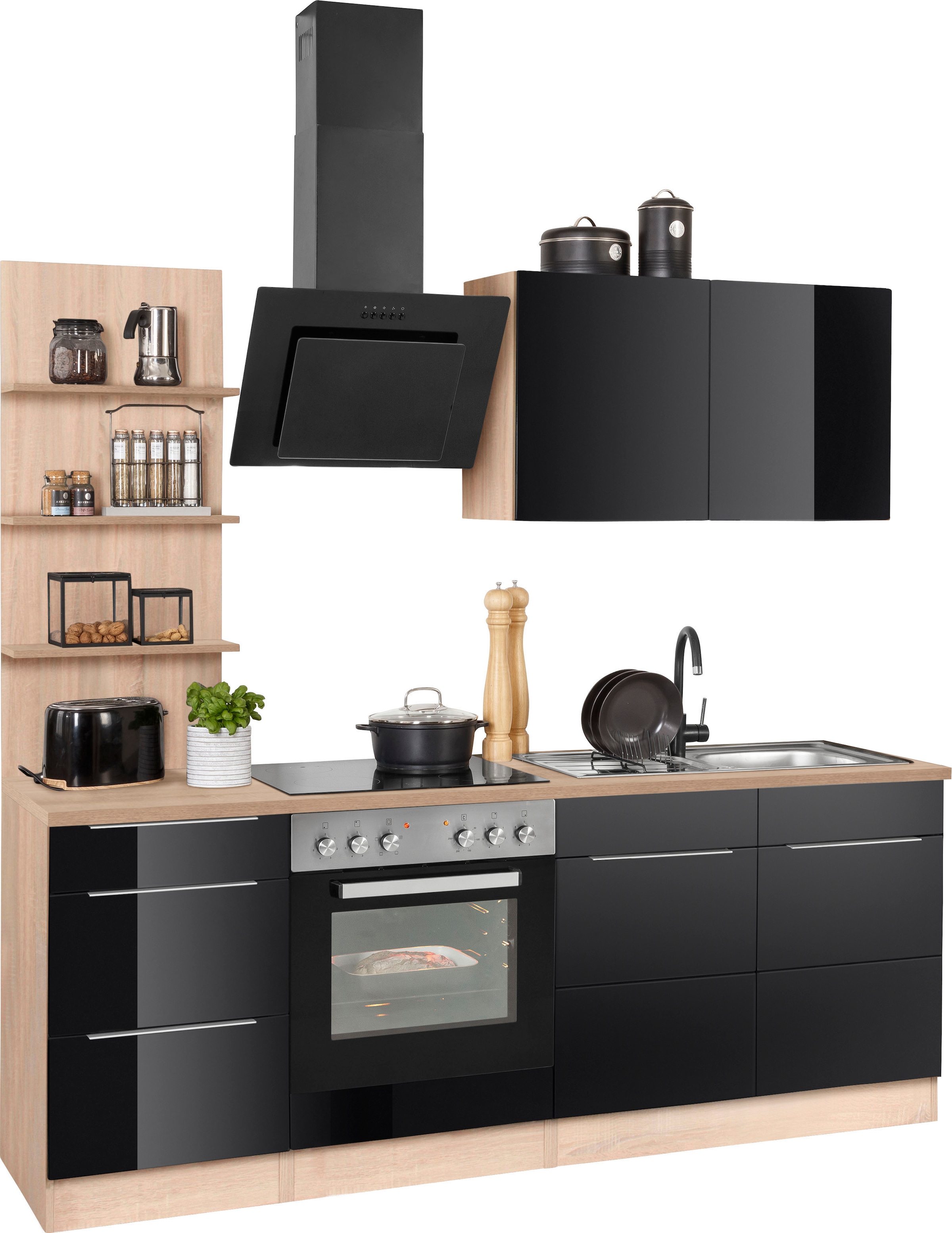 KOCHSTATION Küchenzeile »KS-Brindisi«, Breite 210 cm, wahlweise mit E-Geräten, mit MDF-Fronten und Regal
