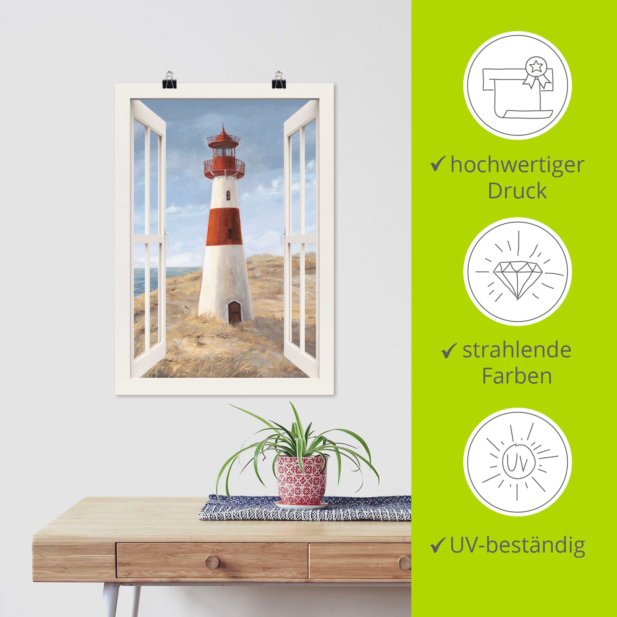 Artland Wandbild »Leuchtturm I Fensterblick«, Gebäude, (1 St.), als Alubild, Outdoorbild, Leinwandbild, Poster in verschied. Größen