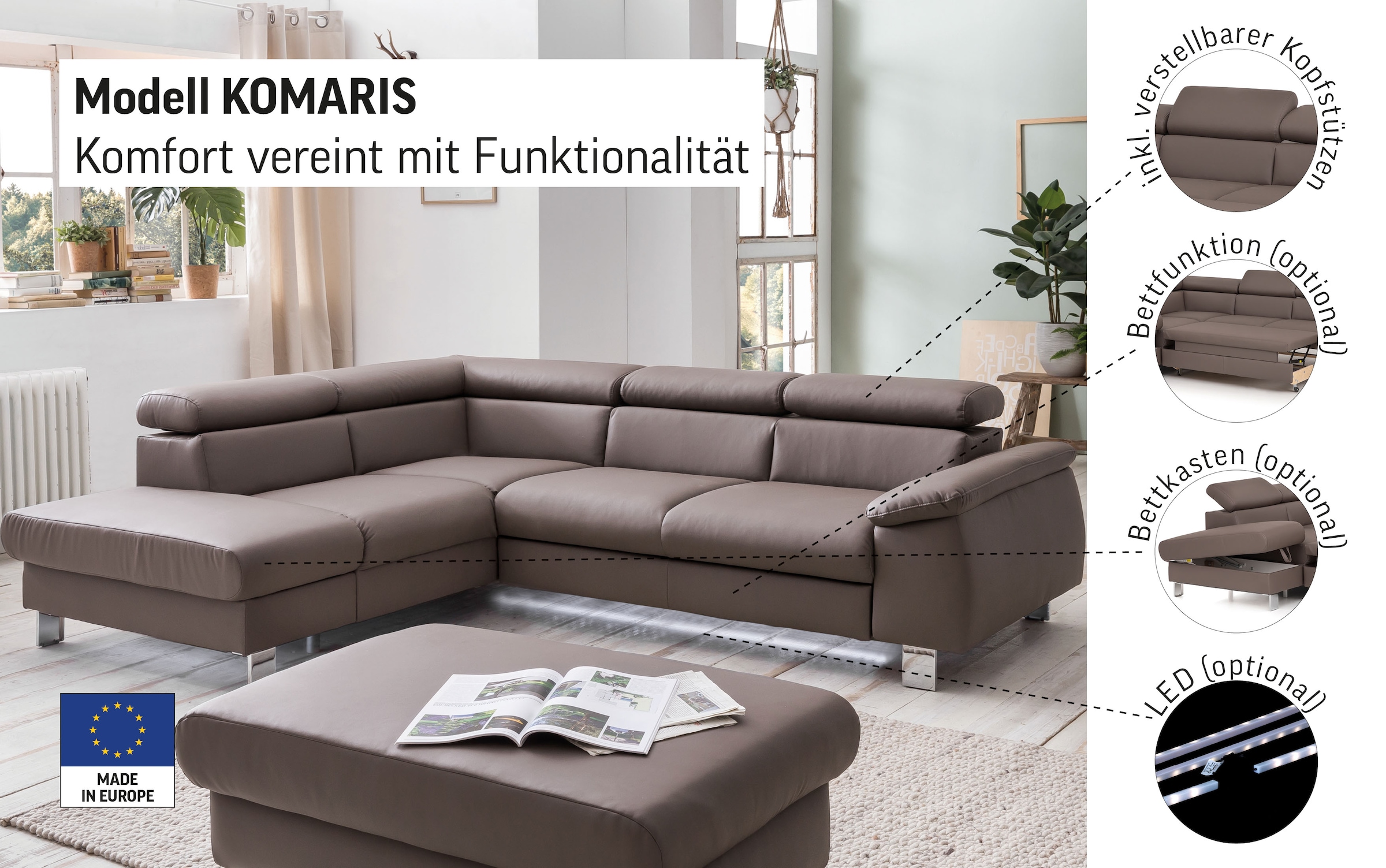 COTTA Ecksofa »Komaris L-Form mit Kopfteilverstellung«, wahlweise mit Bettfunktion, Bettkasten & Beleuchtung