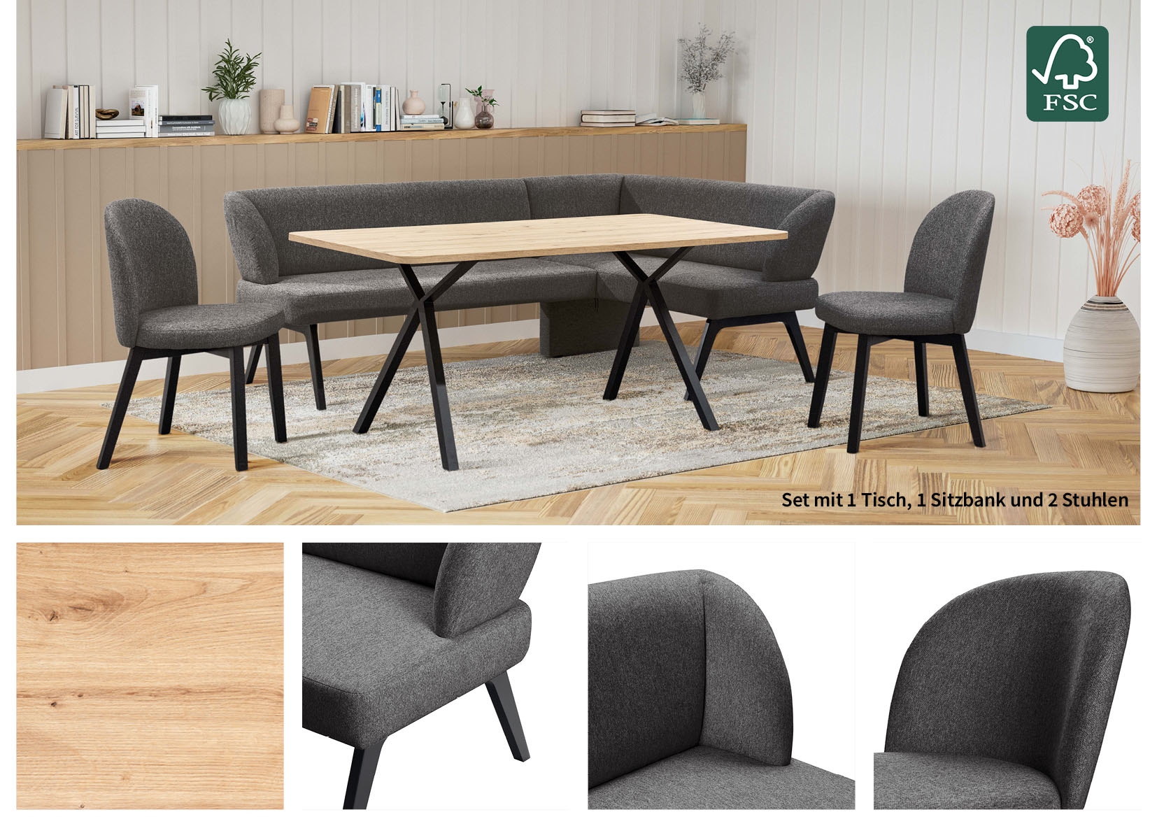 Home affaire Eckbankgruppe »Aretha Essecke, Sitzgruppe, Eckbank, Küchenbank«, (Set, 4 tlg., 4er), Esszimmer Sitzgruppe, Tisch, Stühle und Bank gepolstert, Nosagfederung