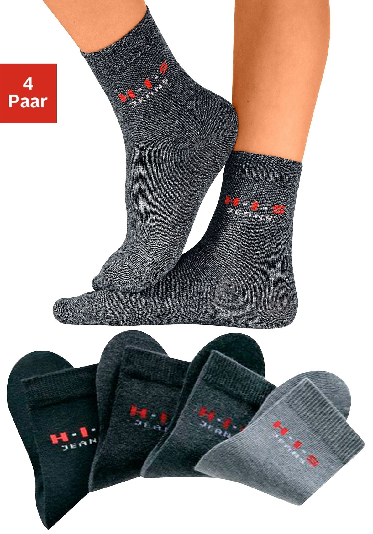 H.I.S Basicsocken Packung, 4 Stk. tlg. mit kontrasfarbenem Logo schwarz, anthrazit, grau, mittelgrau 43-46 43-46 Basic Socken für Groß und Klein im...