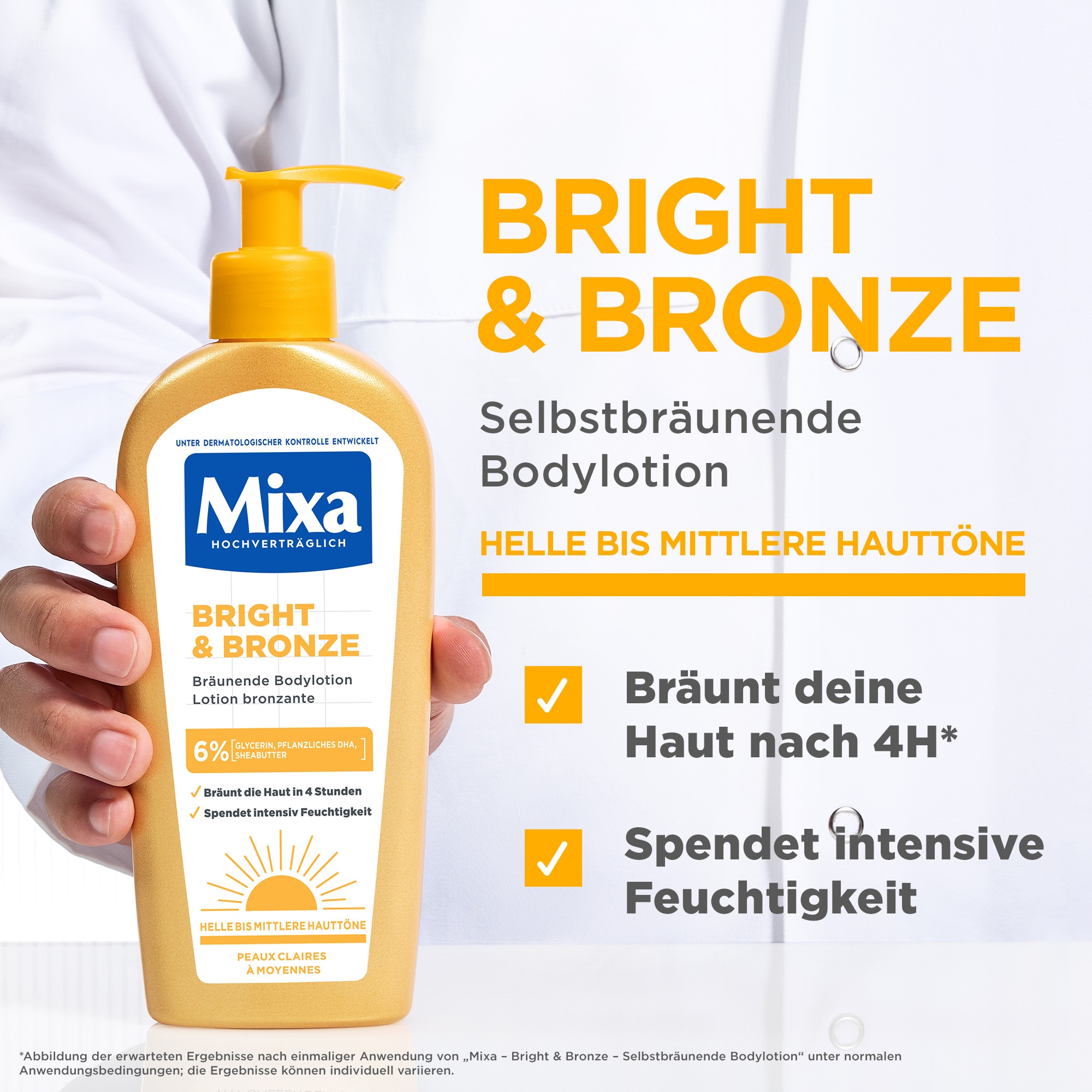 Mixa Selbstbräunungslotion »MIXA BRIGHT & BRONZE SELBSTBRÄUNENDE BODYLOTION« bräunt die Haut in 4 Stunden, spendet Feuchtigkeit