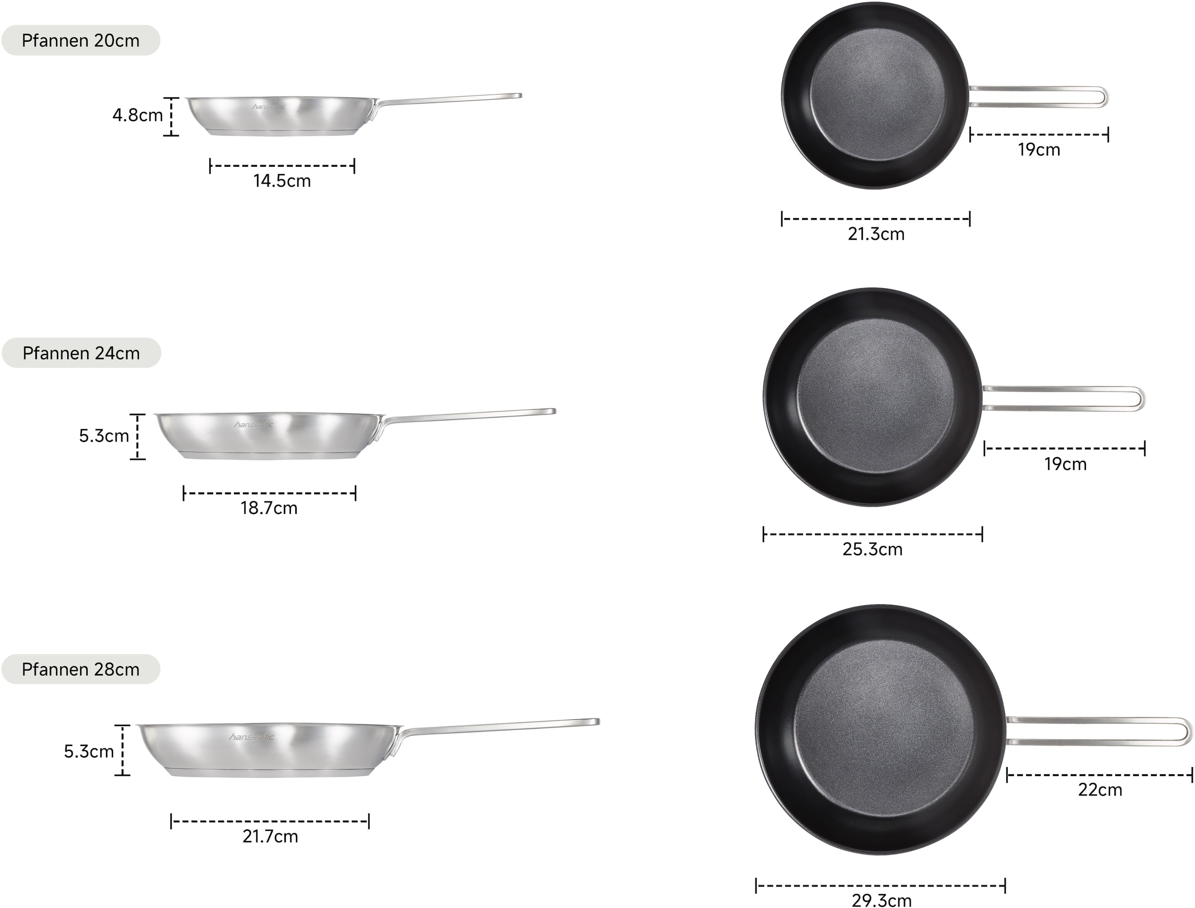 Hanseatic Pfannen-Set »DAILY« Edelstahl 18/10 Set, 1x Pfanne Ø 20 cm, 24 cm und 28 cm, 3 Stk. tlg. Bratpfannen mit Antihaftbeschichtung, für alle Herdarten, Induktion