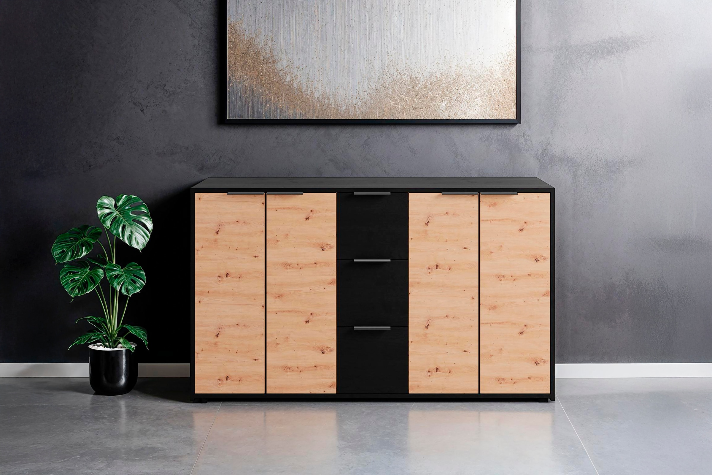 byLIVING Sideboard »Rimini«, Melamin Eiche schwarz und Artisan Eiche, 3 Schubkästen, 4 Türen