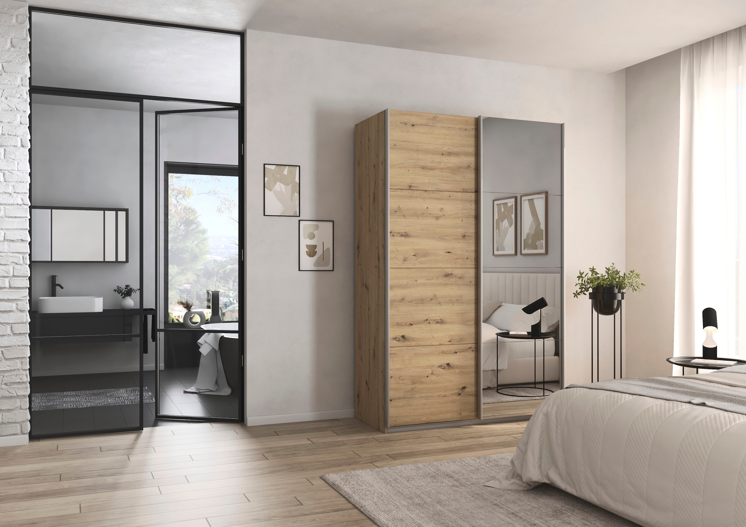 rauch Schwebetürenschrank »Kleiderschrank Schrank Garderobe Schlafzimmerschrank CORTONA« erhältlich in Breite: 136/181/203/226/271/315/360 cm, Höhe: 210/229 cm,  in 3 Ausstattungen BASIC/CLASSIC/PREMIUM (SOFT-CLOSE) MADE IN GERMANY