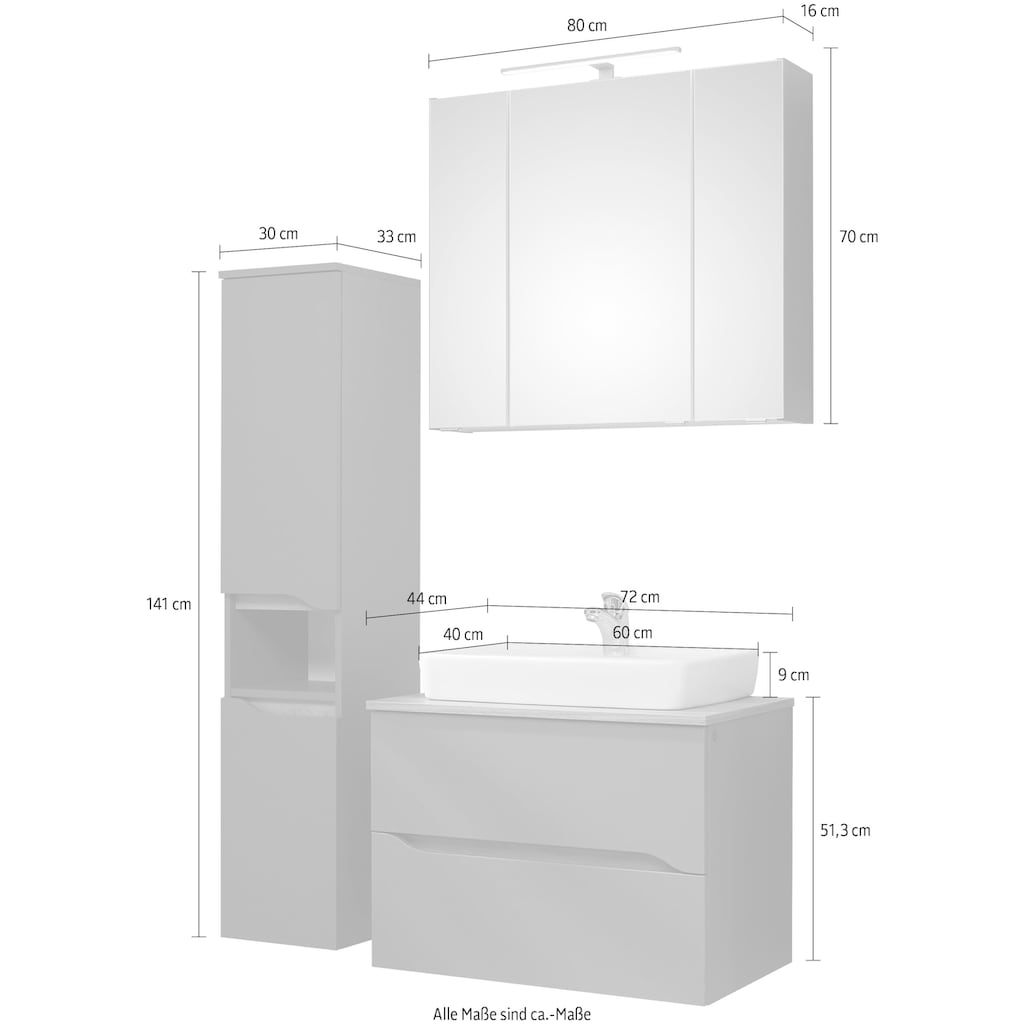 Saphir Badmöbel-Set »Quickset 3-teilig, Keramik-Aufsatzbecken mit LED-Spiegelschrank«, (3 St.)