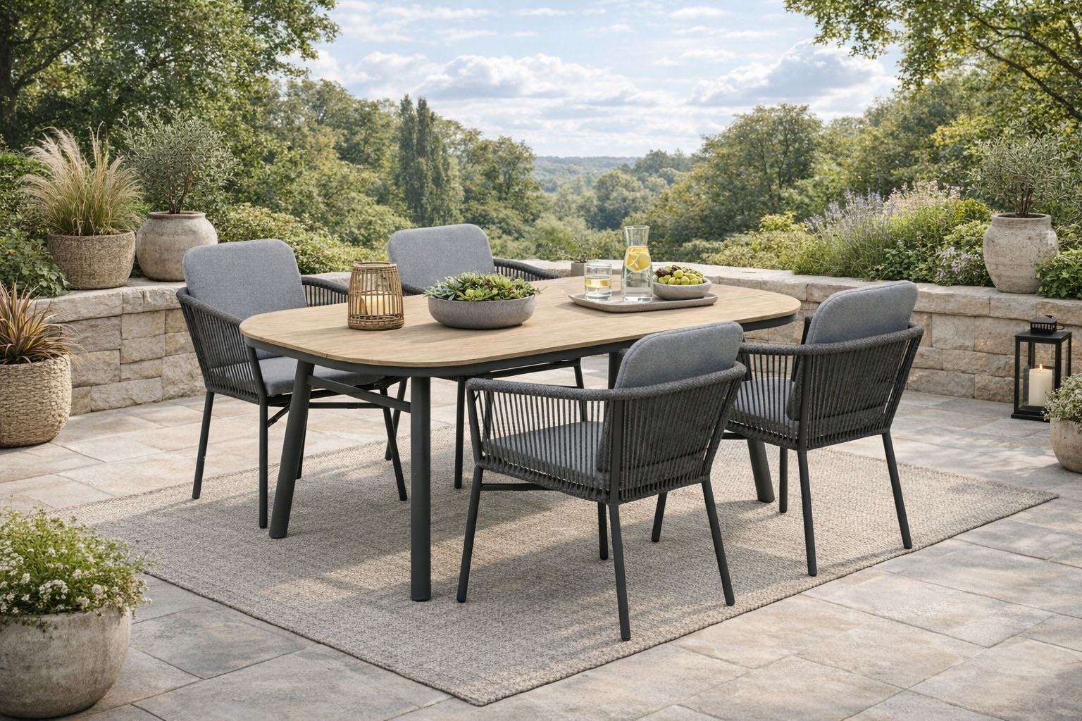 Destiny Garten-Essgruppe Set, 5 tlg. 1 Esstisch, 4 Sessel inkl Sitz- und Rückenauflagen