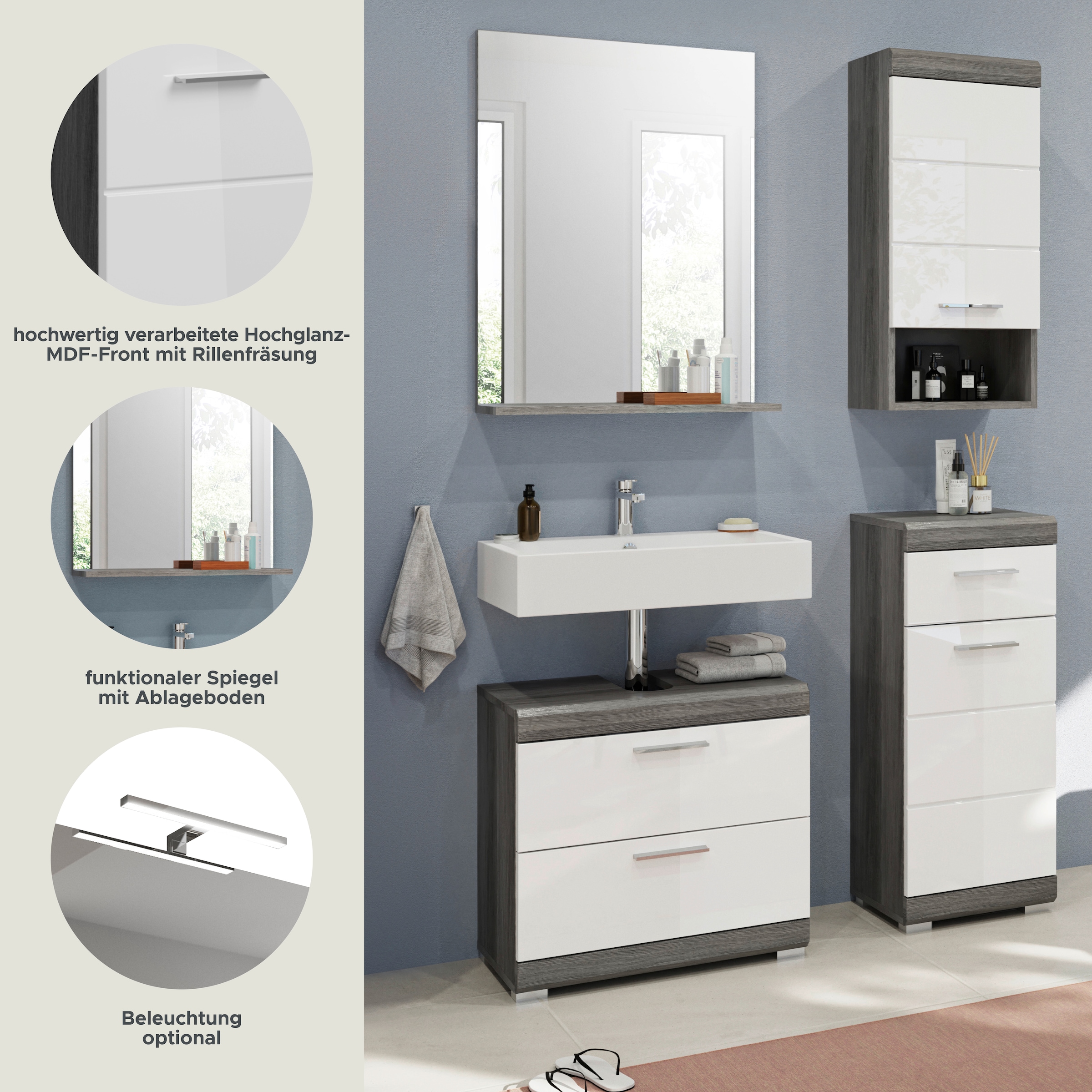 INOSIGN Badmöbel-Set »Siena, 4 teilig, bestehend aus:«, (Set, 3 St.), Waschbeckenunterschrank, Spiegel, Unterschrank, Hängeschrank