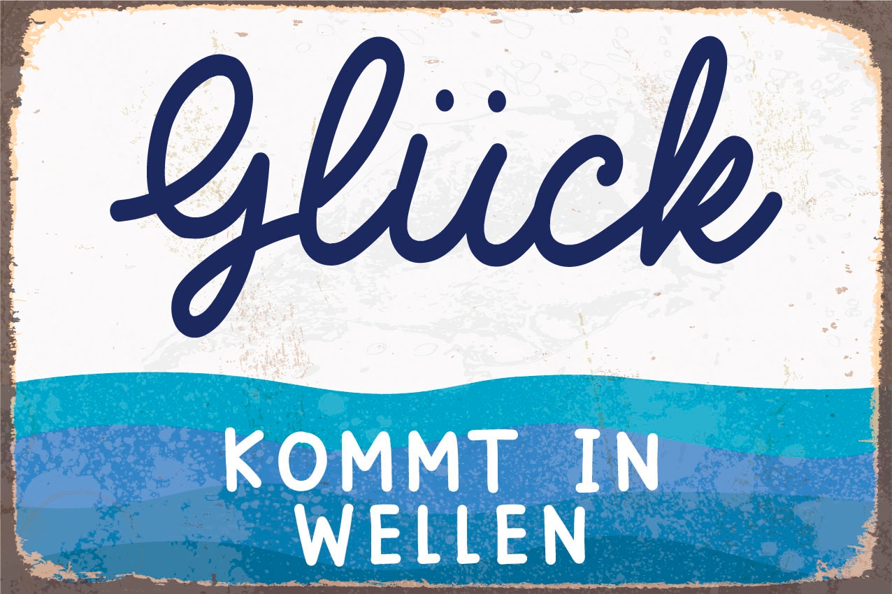 queence Metallbild »Glück kommt in Welle«, Schriftzüge, (1 St.), Stahlschilder