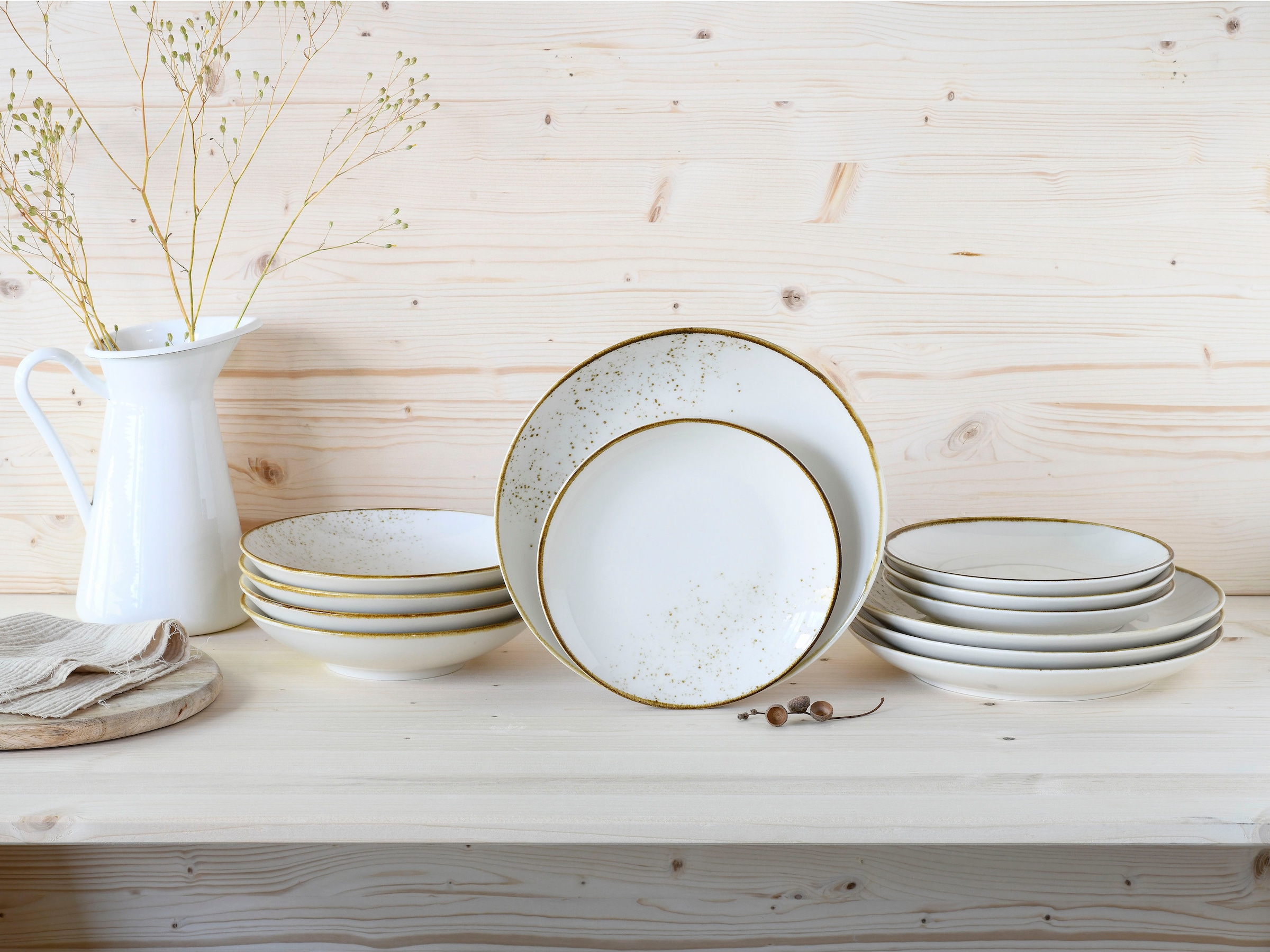 CreaTable Teller-Set »Nature Collection Natural Living«, (Set, 12 tlg.), Reaktivglasur mit Sprenkeln, jedes Stück ein Unikat