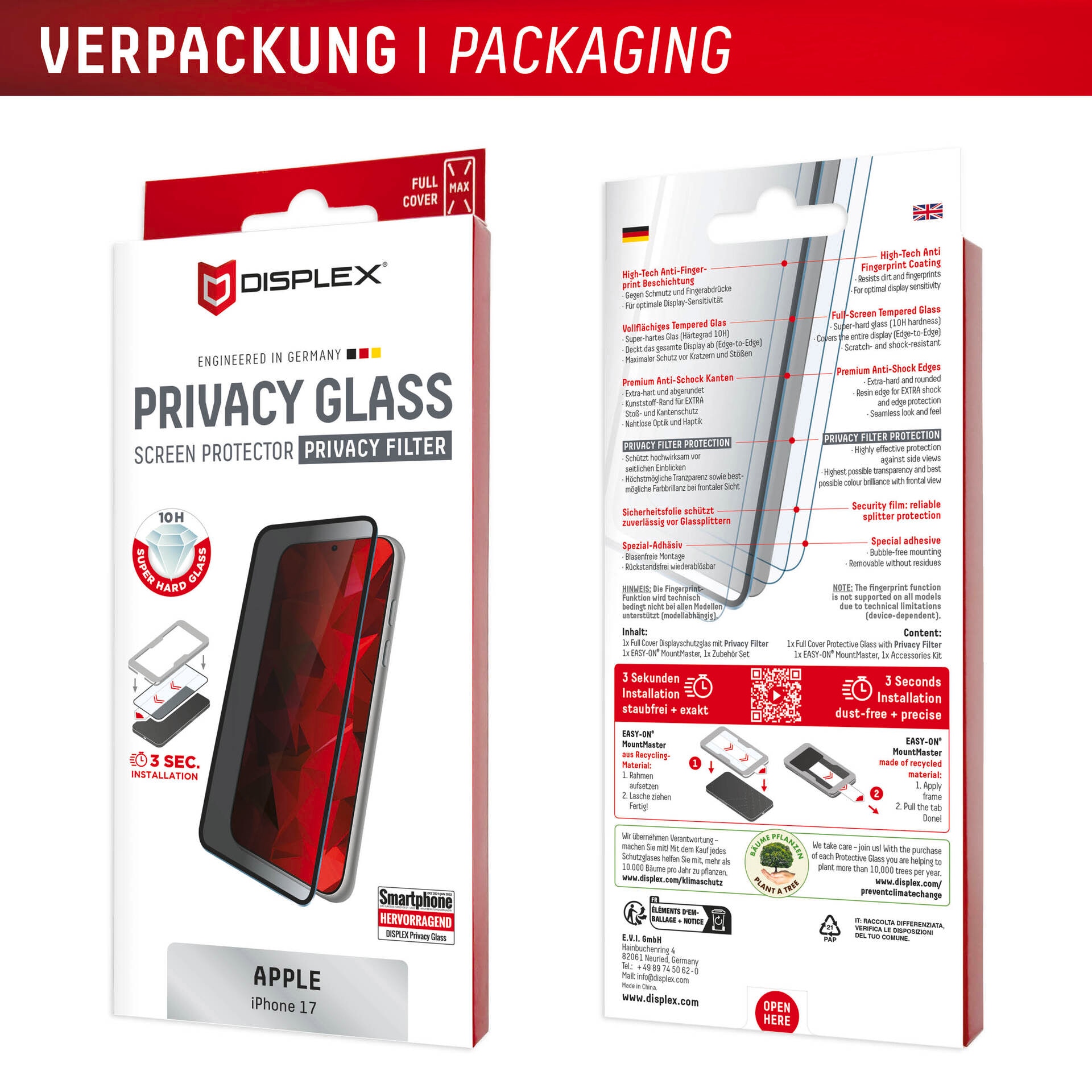 Displex Displayschutzglas »Privacy Glass Screen Protector mit EASY-ON MountMaster« für Apple iPhone 17 Displayschutzfolie, Schutzfolie, Bildschirmschutz, kratz- & stoßfest