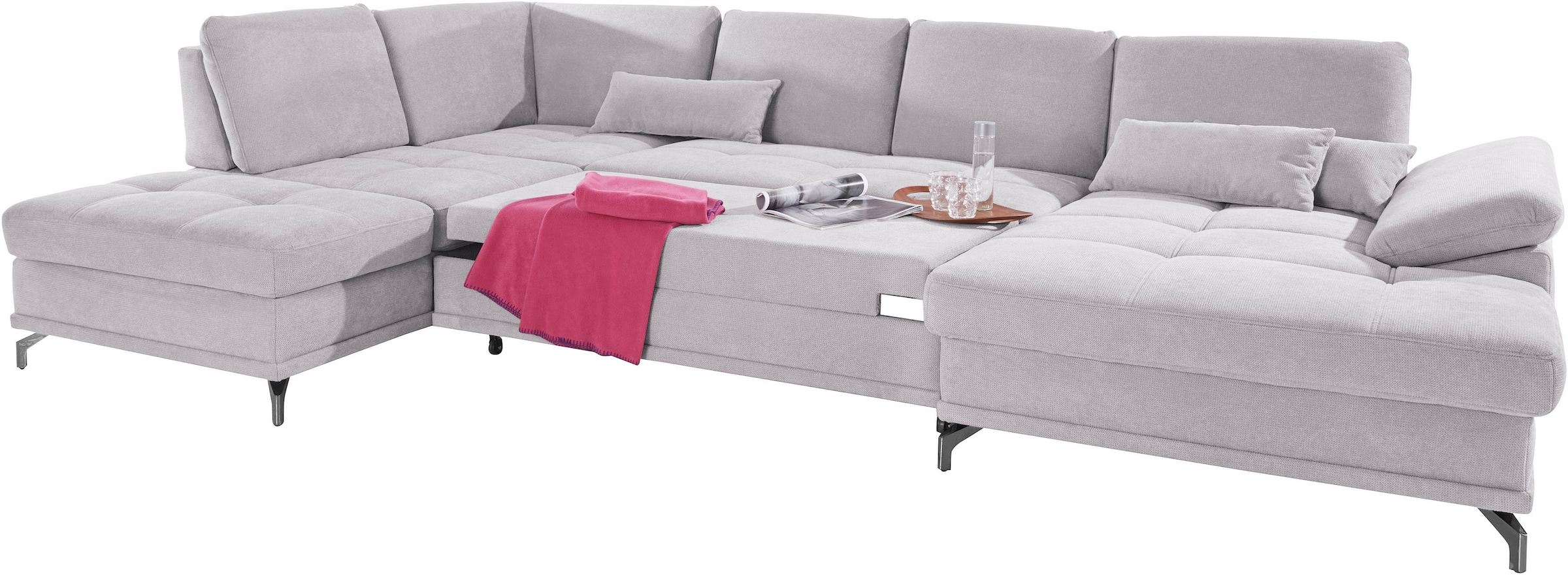 Places of Style Wohnlandschaft »Costello U-Form, mit Sitztiefenverstellung, Armteilverstellung und«, 3 Nierenkissen, optional Bettfunktion und Bettkasten