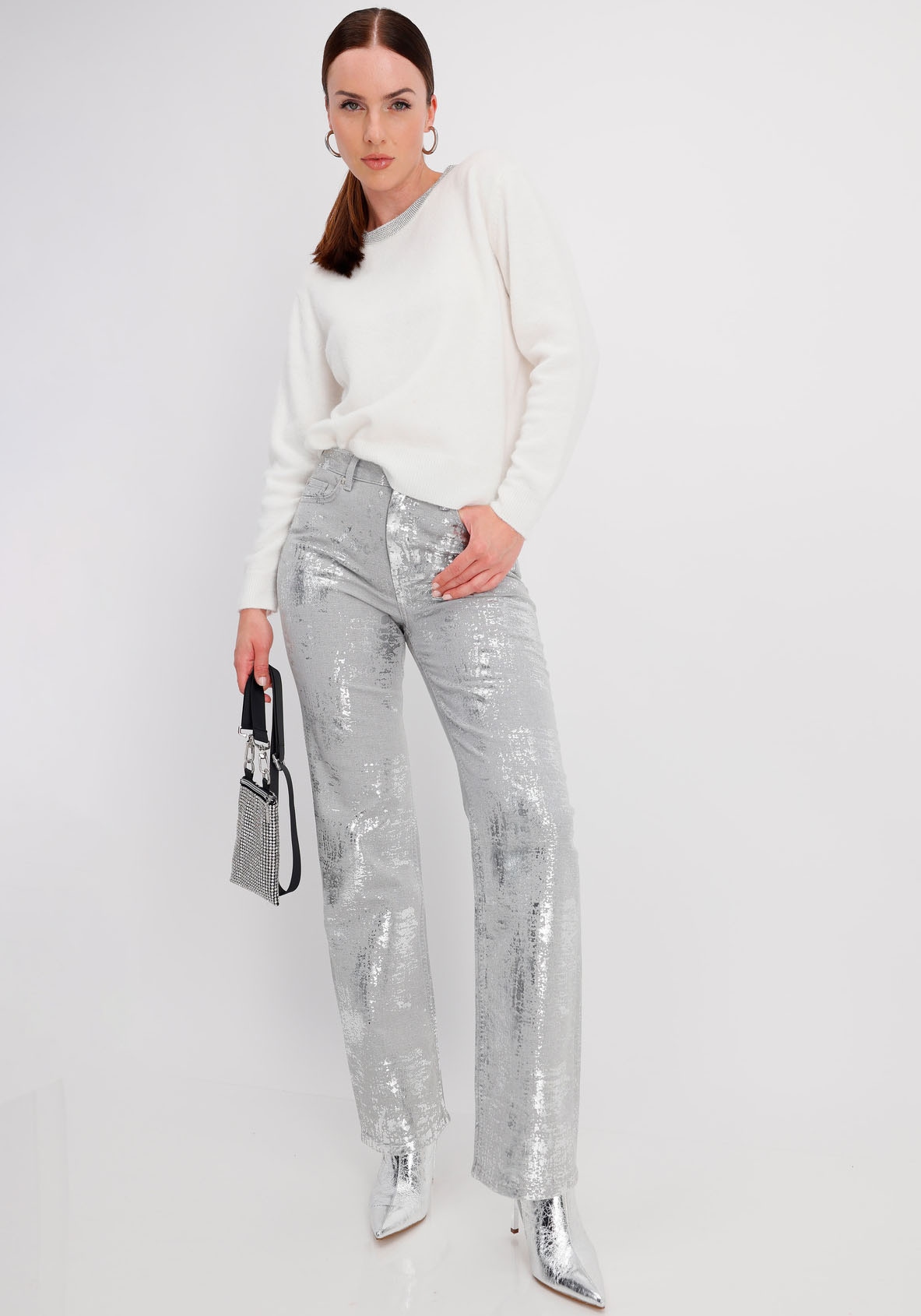 Monari Rundhalspullover, mit Glitzersteinchen am Ausschnitt