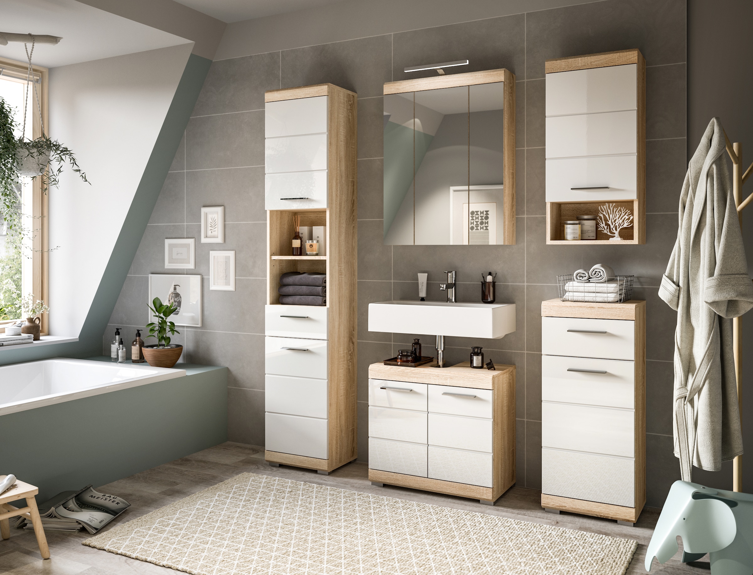 INOSIGN Badmöbel-Set »Siena, 5 teilig, inklusive LED Beleuchtung, bestehend aus:«, (Set), Hochschrank, WBU, Spiegelschrank, Unterschrank, Hängeschrank