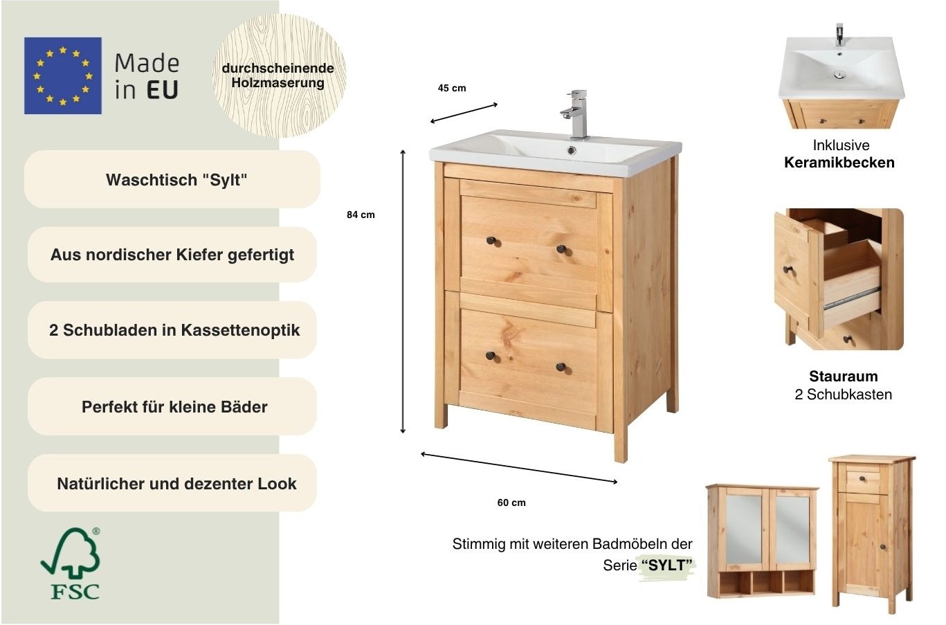 welltime Waschtisch »Sylt« Landhaus, Breite 60 cm, aus Massivholz