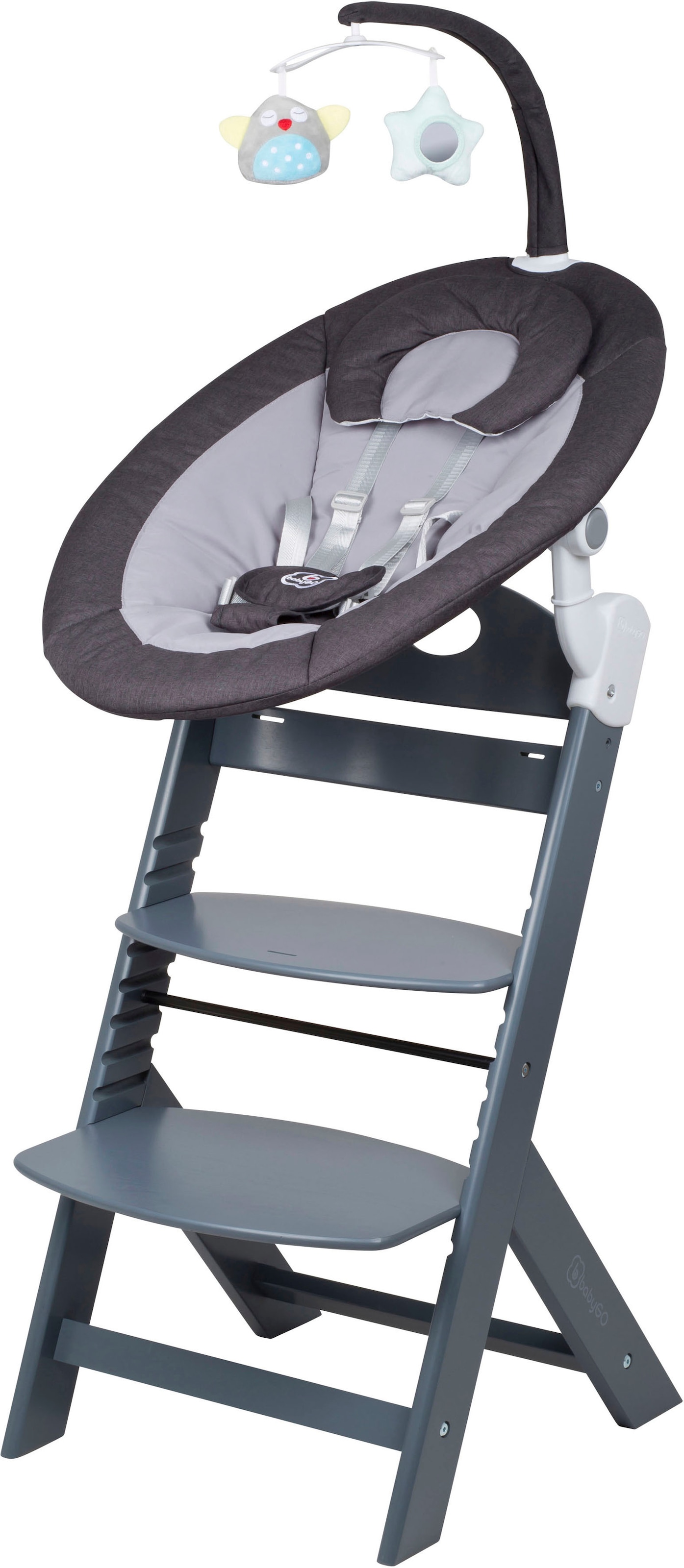 BabyGo Hochstuhl »Family Homey Set, grau/dunkelgrau«, mit elektrischer Babywippe inkl. Spielbogen