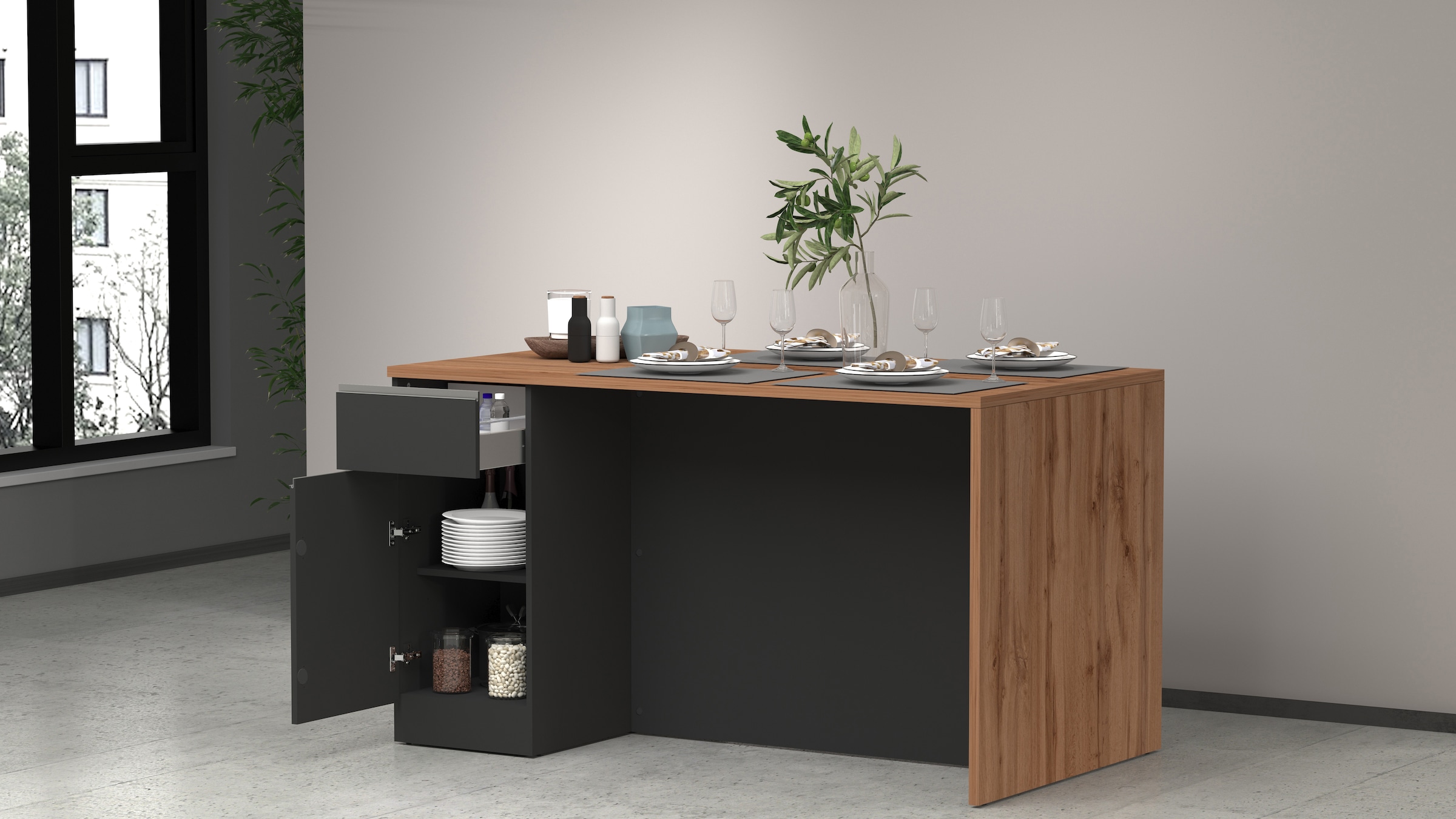 KOCHSTATION Kücheninsel »Sole,Kochinsel,Küchenarbeitsblock,Inselküche,Arbeitsinsel«, Breite 160 cm mit 2 Türen,2 Schubkästen, Aluminiumgriff