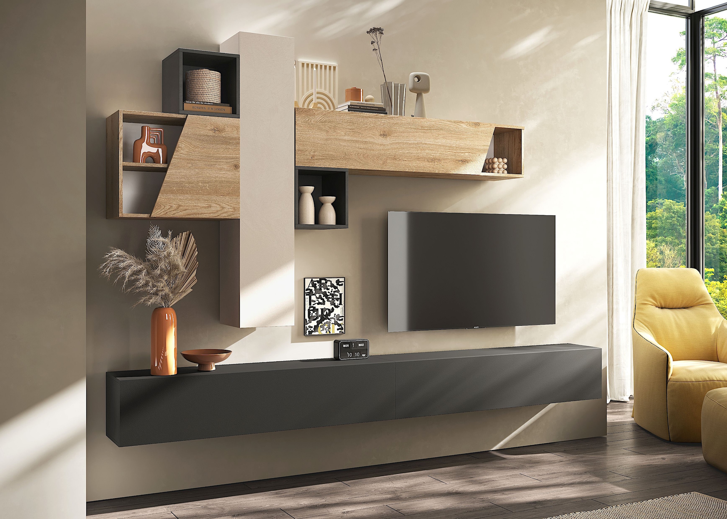 INOSIGN Wohnwand »INFINITY, 6tlg. Breite 276 cm, moderne Mediawand,«, (6 St.), (2x Lowboard hängend, Hängewürfel, 2x Hängeschrank, Würfelregal Set)