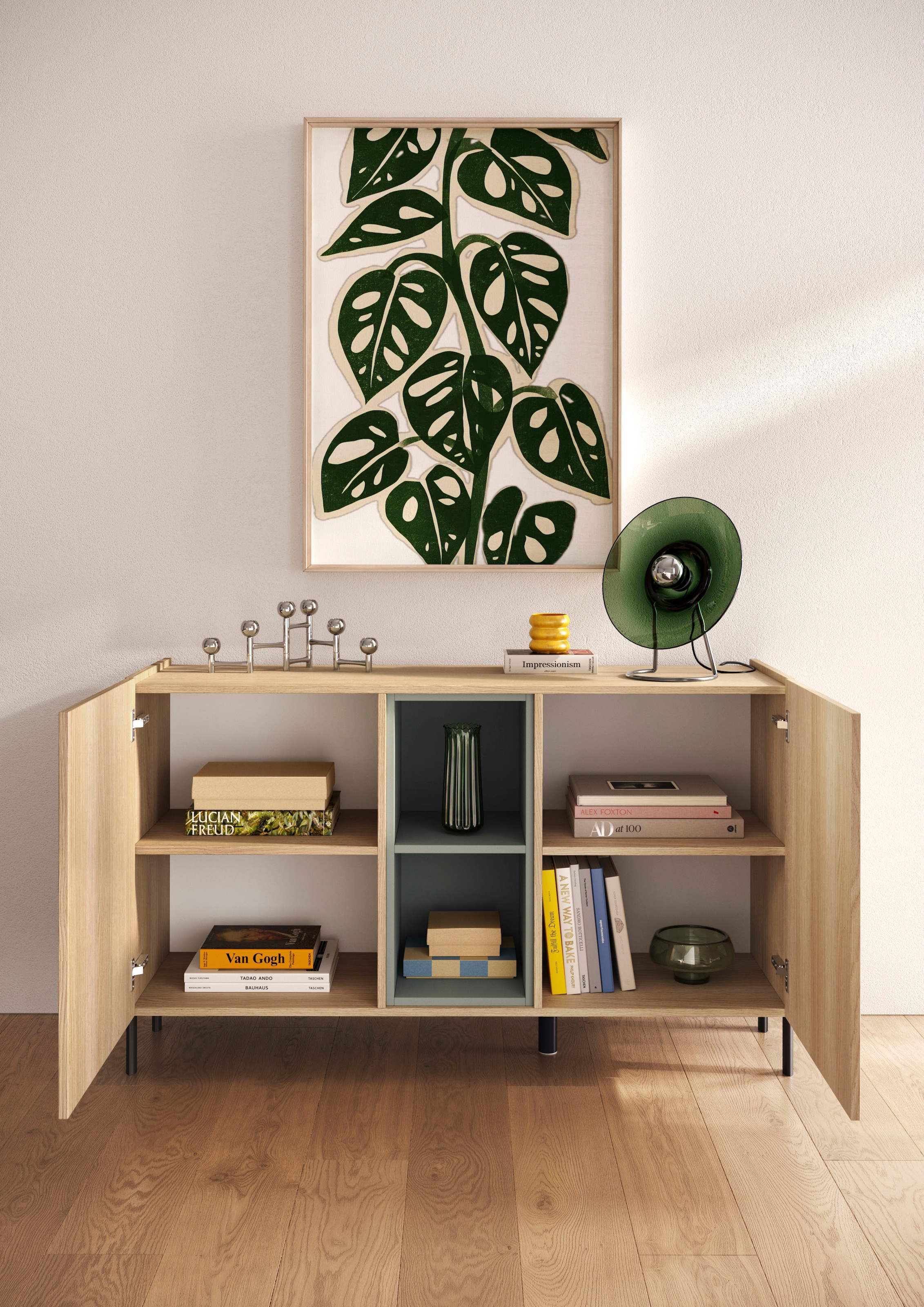 OTTO home Sideboard »Badia, 132 cm breit, 2 Türen, Anrichte, Kommode, Stauraumschrank« Innenliegendes Top, gerade Metallfüße, salbeigrüne Farbakzente