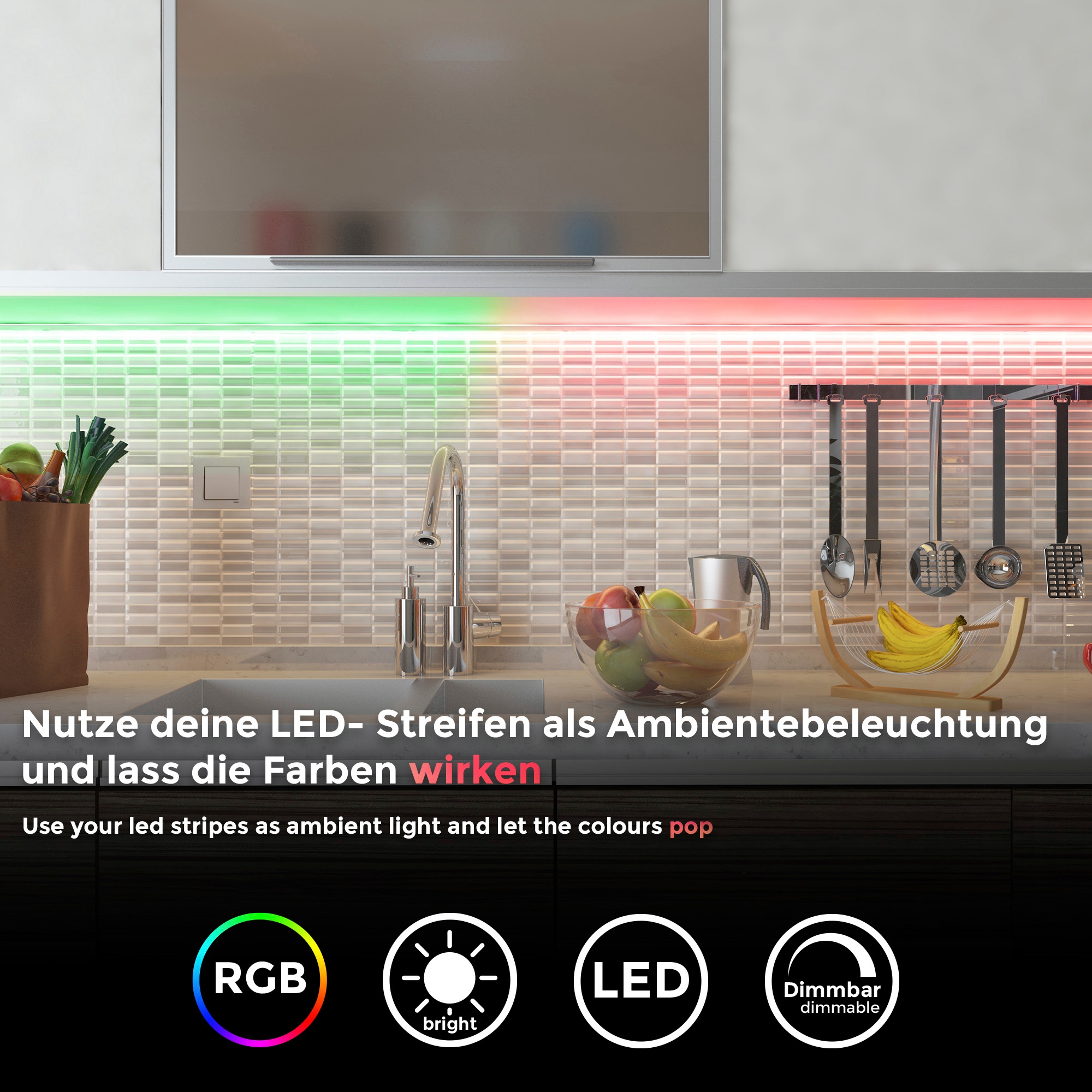hohe Ansprüche haben B.K.Licht LED Stripe, 1m Kabel, für USB inkl. Android 3,3cm Meter, (5V) IOS Raten und alle 0,10 den | kürzbar, 60 2 auf für Flexband WIFI Innenbereich,inkl. kaufen RGB-LED Watt x RGB-LED