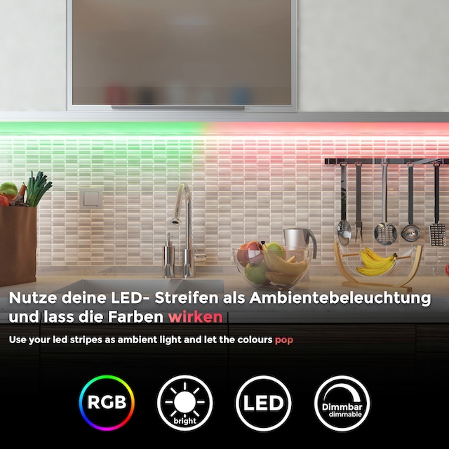 B.K.Licht LED Stripe, WIFI RGB-LED Flexband 2 Meter, inkl. 60 x RGB-LED  0,10 Watt für den Innenbereich,inkl. 1m USB (5V) Kabel, alle 3,3cm kürzbar,  für IOS und Android auf Raten kaufen |