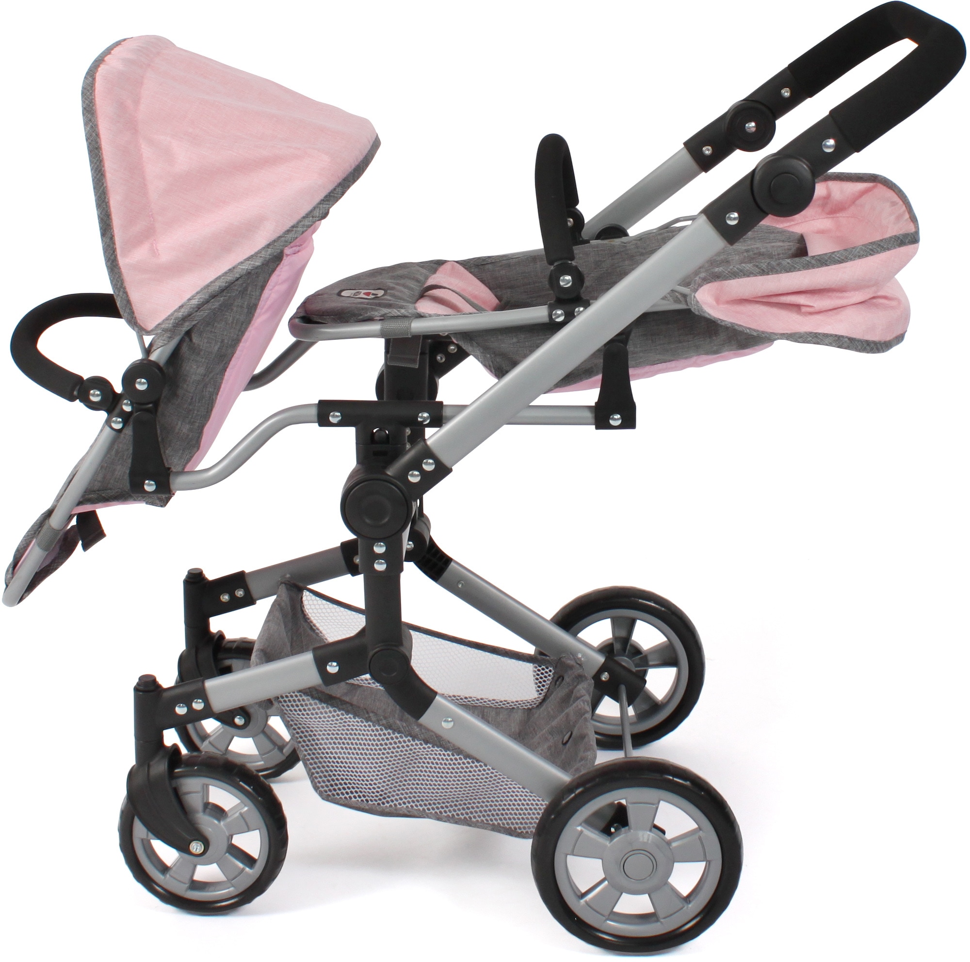 CHIC2000 Puppen-Zwillingsbuggy »Linus Duo, Grau-Rosa«, mit zwei abnehmbaren, bis in Liegeposition verstellbaren Sportsitzen