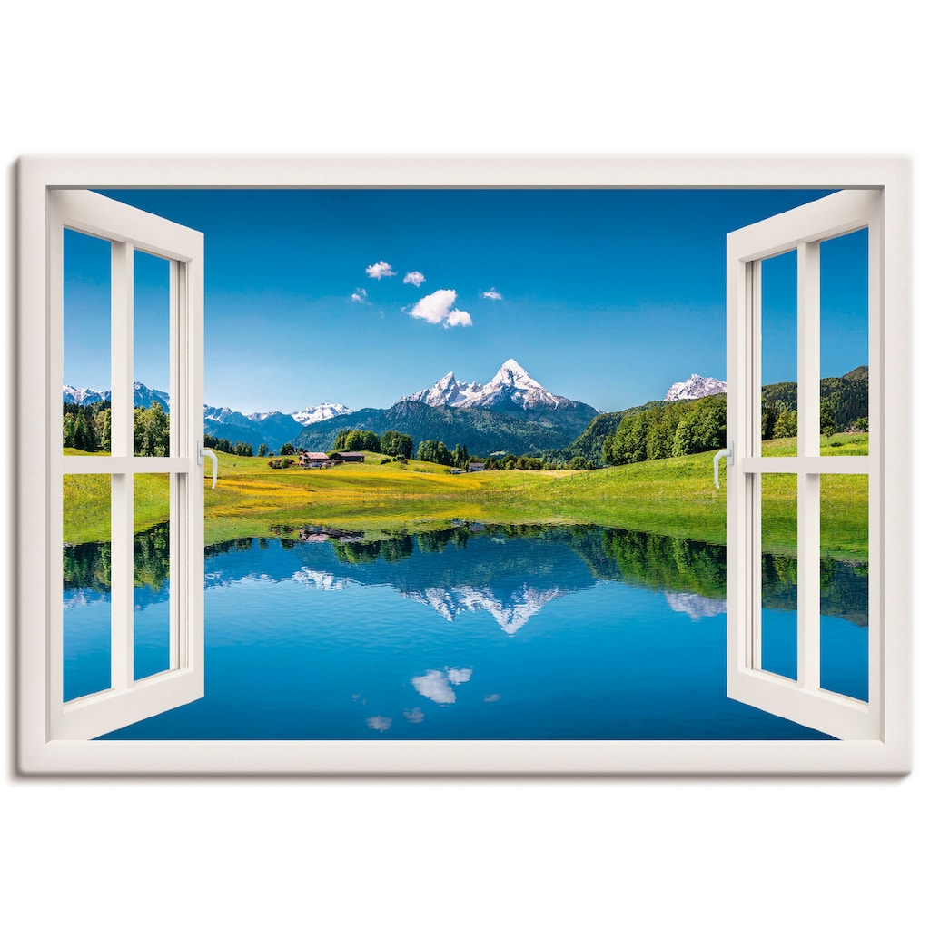 Artland Wandbild »Fensterblick Alpen und Bergsee«, Berge, (1 St.), als Leinwandbild, Poster, Wandaufkleber in verschied. Größen